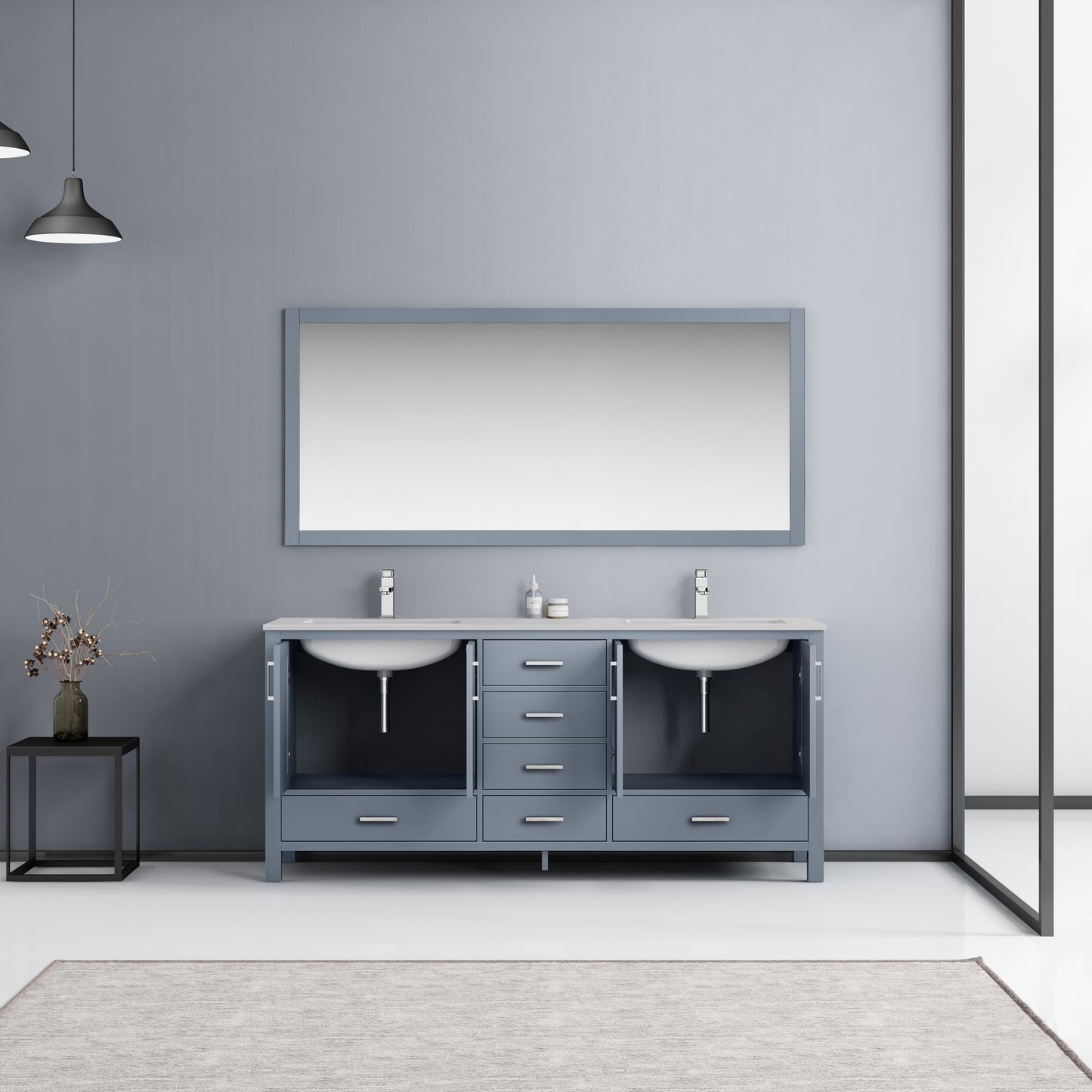 Jacques 72" Dark Grey Double Vanity, White Quartz Top, White Square Sinks and 70" Mirror