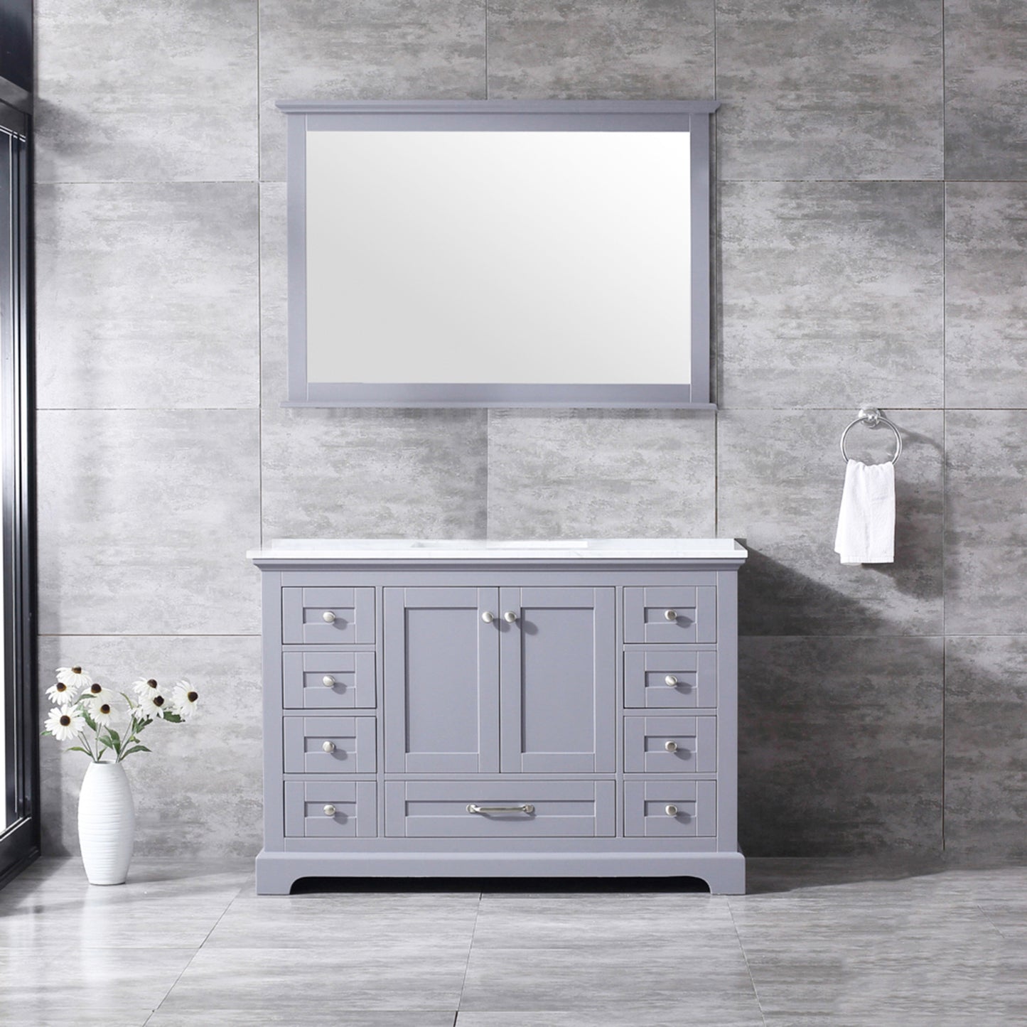 Dukes 48" Dark Grey Single Vanity, White Carrara Marble Top, White Square Sink and 46" Mirror