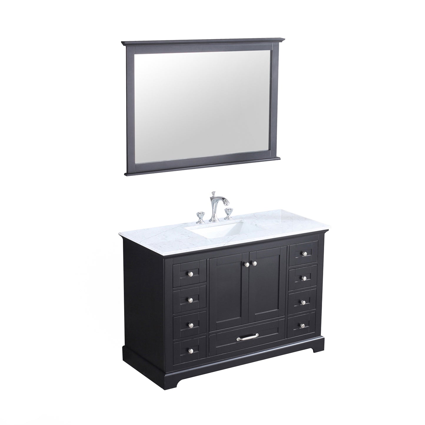 Dukes 48" Espresso Single Vanity, White Carrara Marble Top, White Square Sink and 46" Mirror w/ Faucet