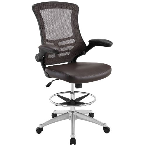Modway Attainment Vinyl Drafting Chair - Drafting Stool with Flip-Up Arm in Brown