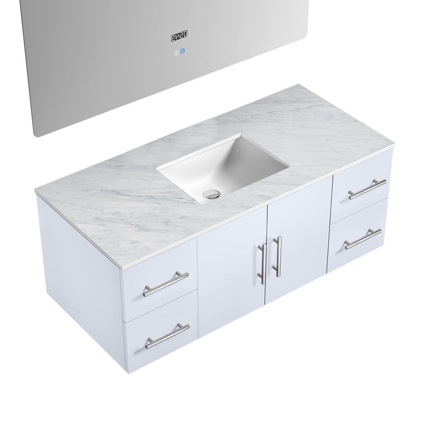 Geneva 48" Glossy White Single Vanity, White Carrara Marble Top, White Square Sink and 48" LED Mirror