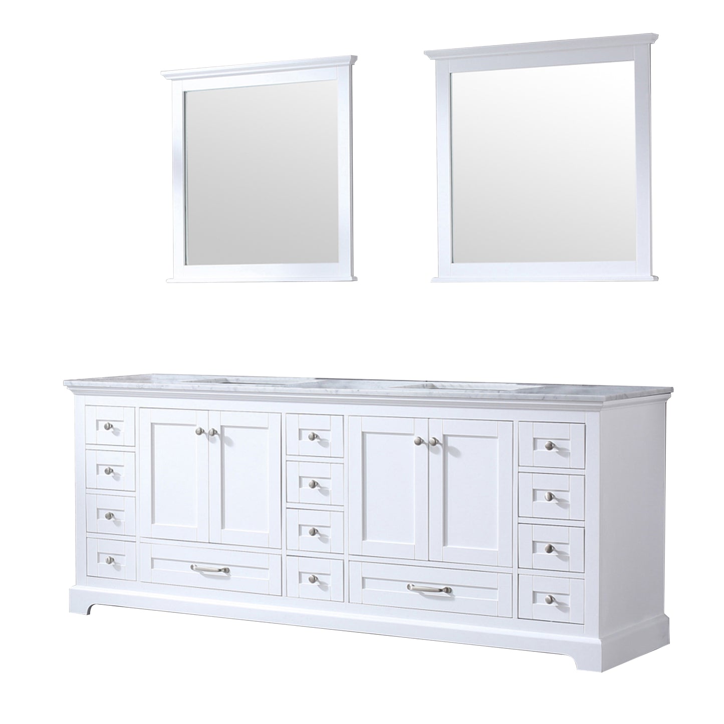 Dukes 84" White Double Vanity, White Carrara Marble Top, White Square Sinks and 34" Mirrors