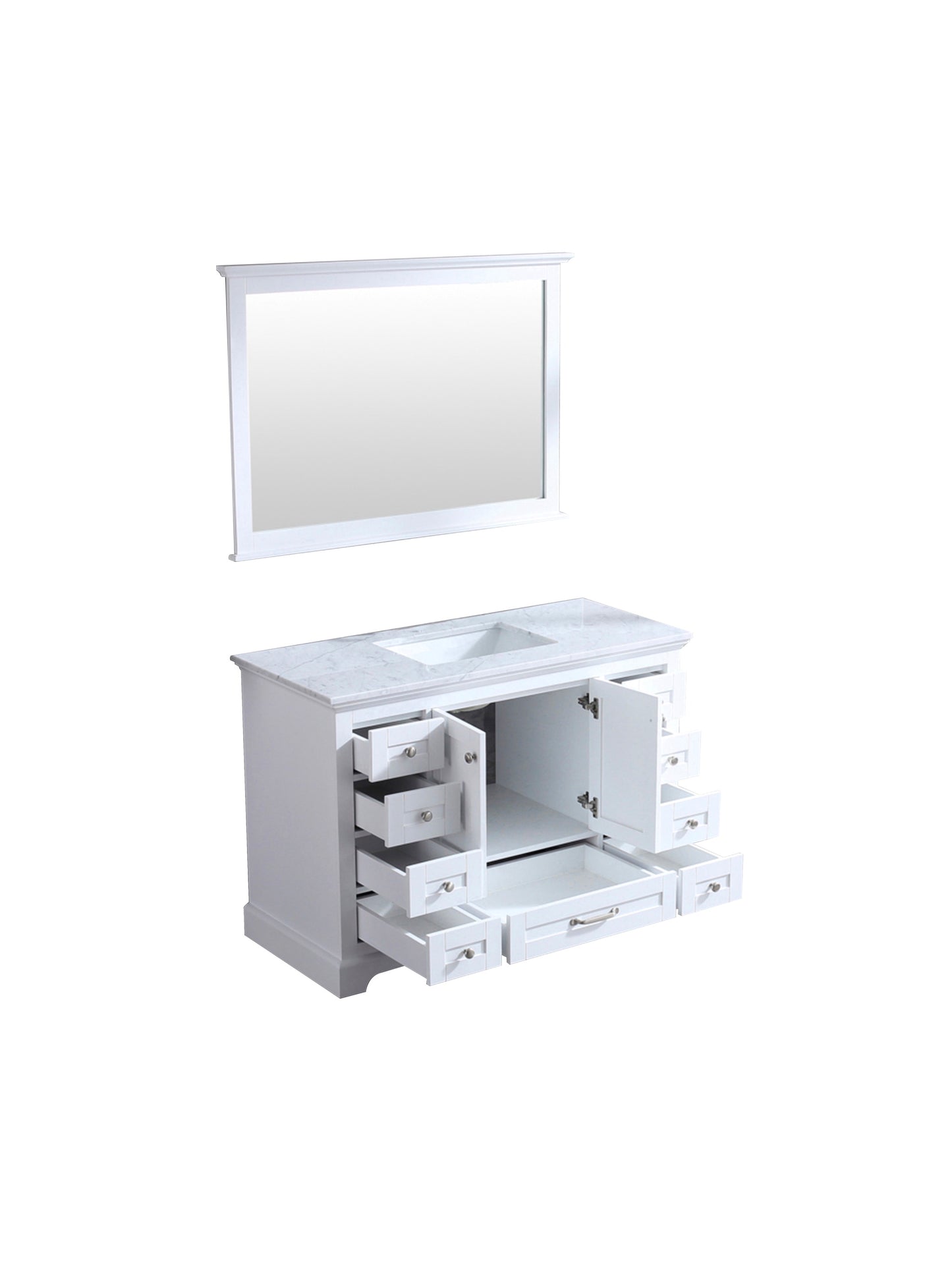 Dukes 48" White Single Vanity, White Carrara Marble Top, White Square Sink and 46" Mirror