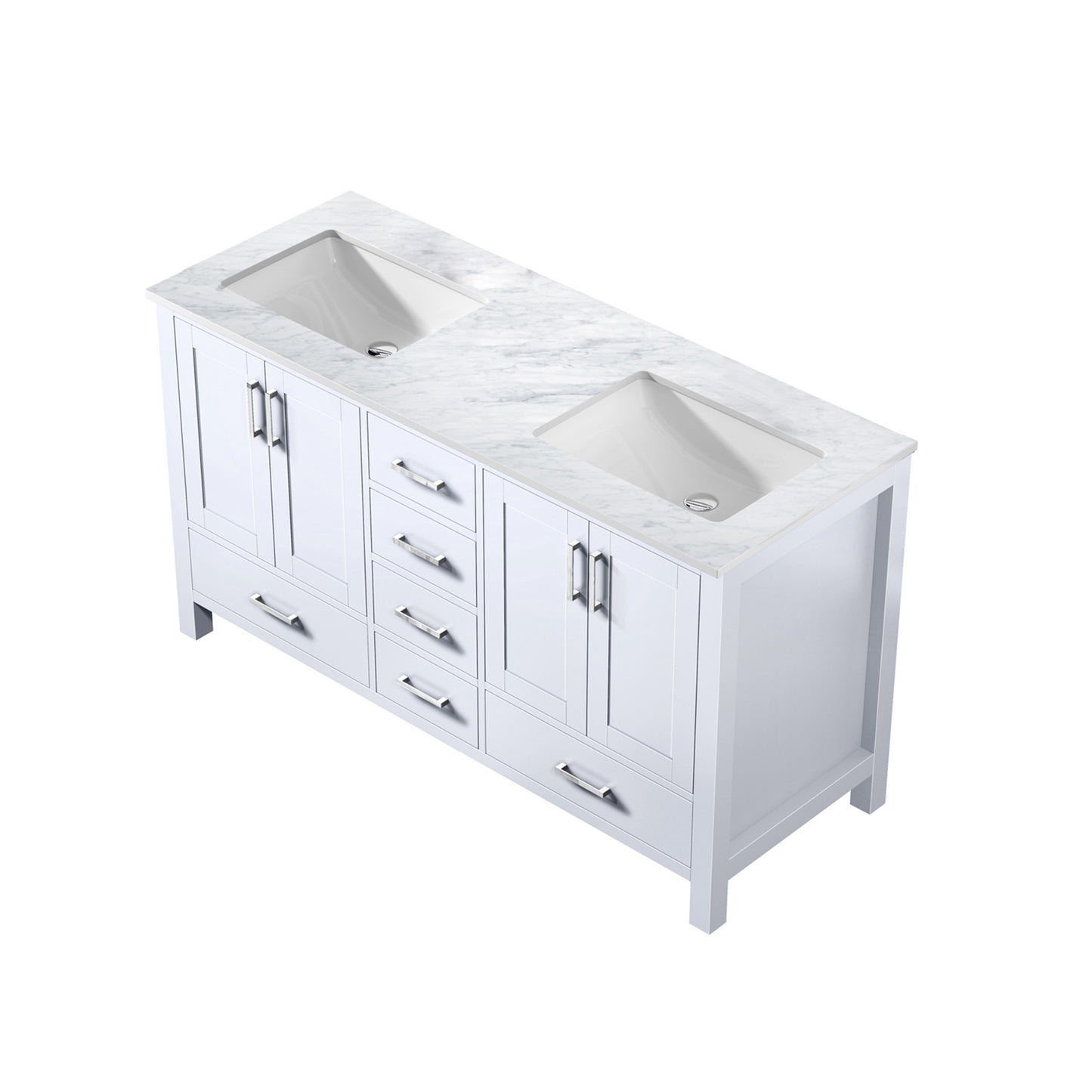 Jacques 60" White Double Vanity, White Carrara Marble Top, White Square Sinks and no Mirror