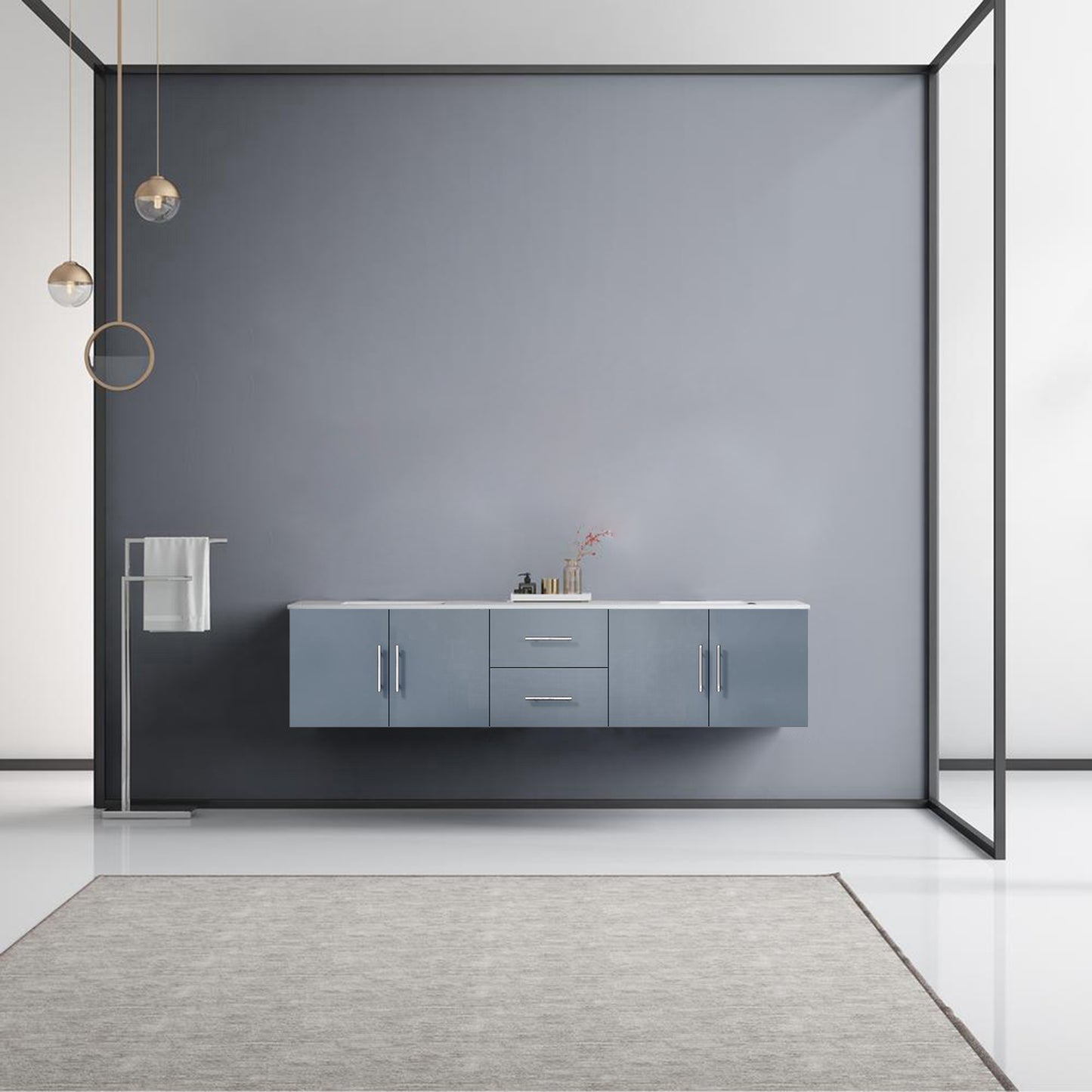 Geneva 80" Dark Grey Double Vanity, White Carrara Marble Top, White Square Sinks and no Mirror