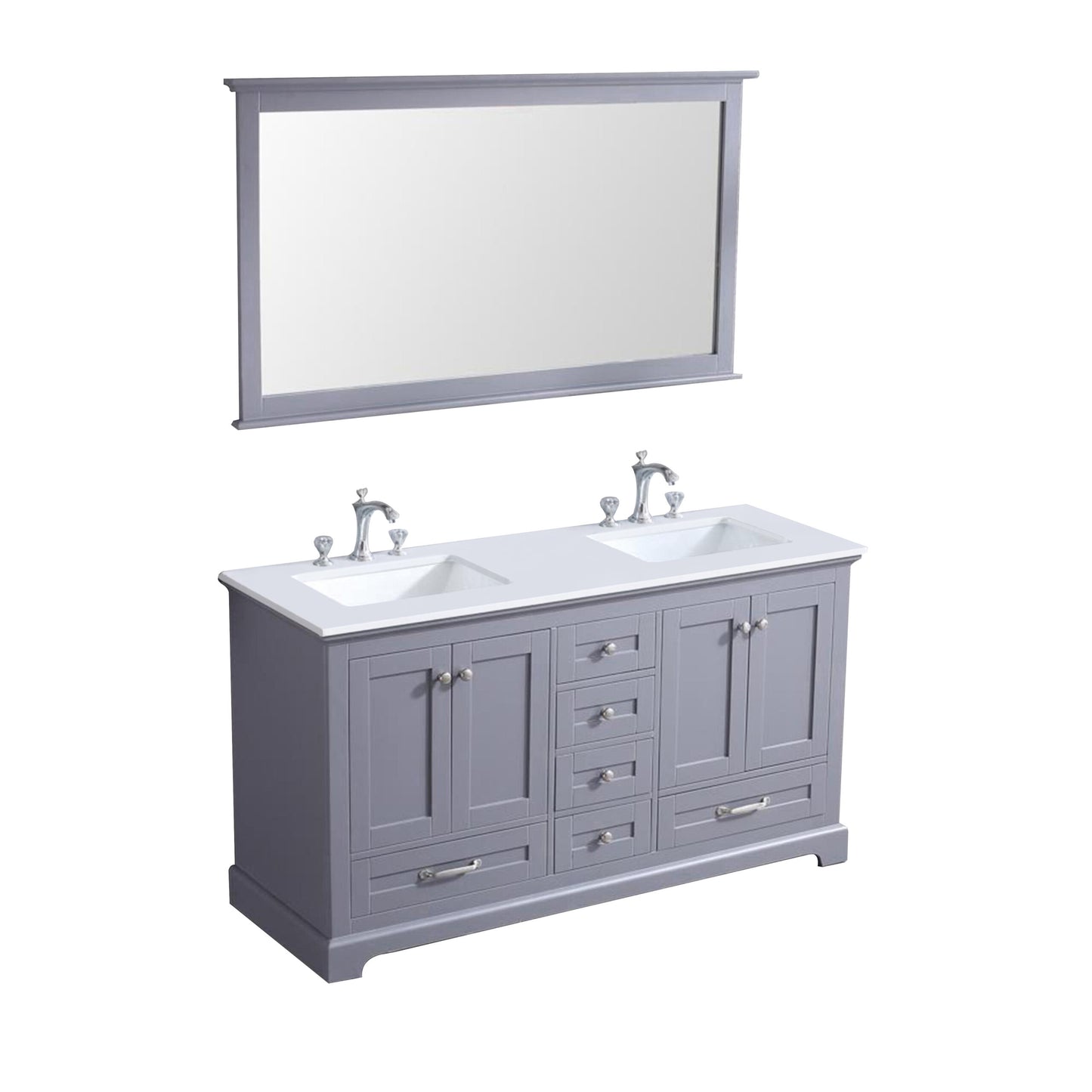 Dukes 60" Dark Grey Double Vanity, White Quartz Top, White Square Sinks and 58" Mirror