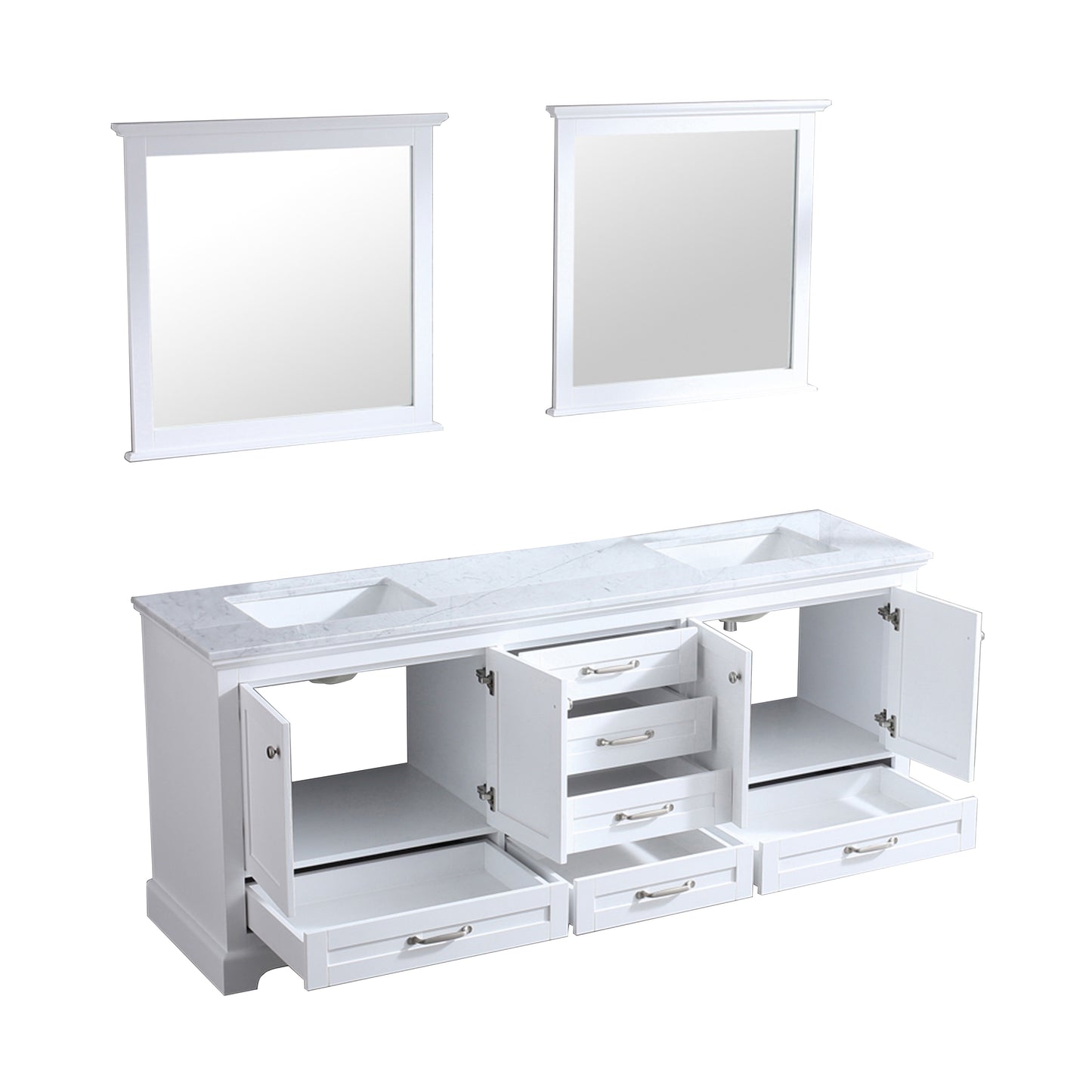 Dukes 80" White Double Vanity, White Carrara Marble Top, White Square Sinks and 30" Mirrors