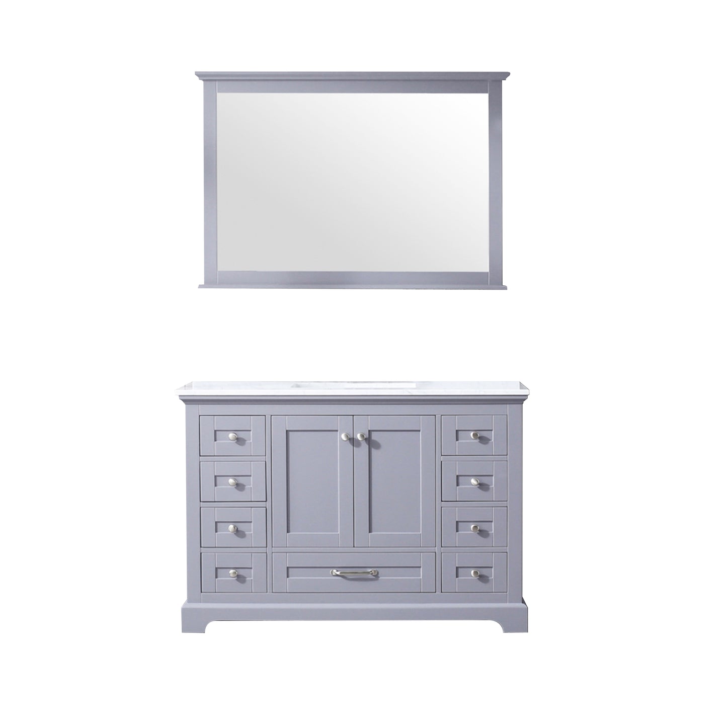 Dukes 48" Dark Grey Single Vanity, White Carrara Marble Top, White Square Sink and 46" Mirror