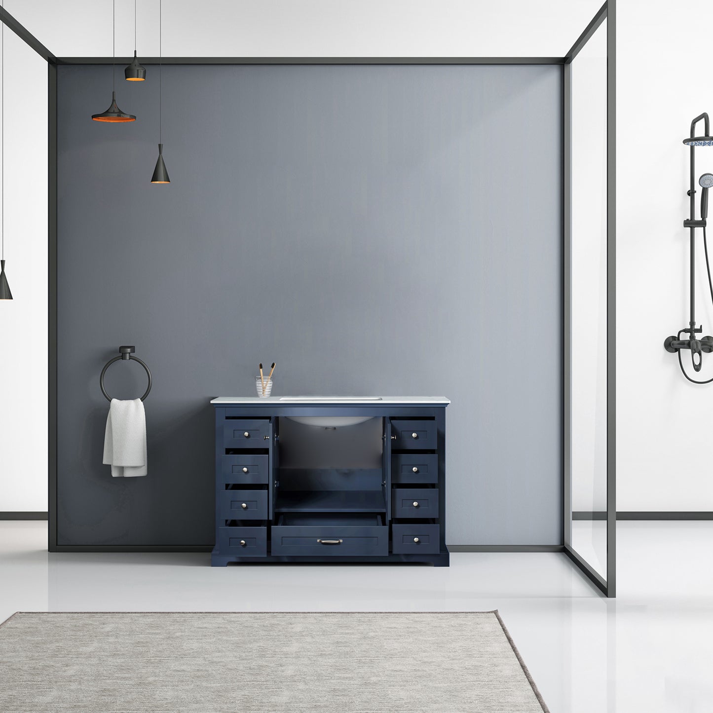 Dukes 48" Navy Blue Single Vanity, White Carrara Marble Top, White Square Sink and no Mirror