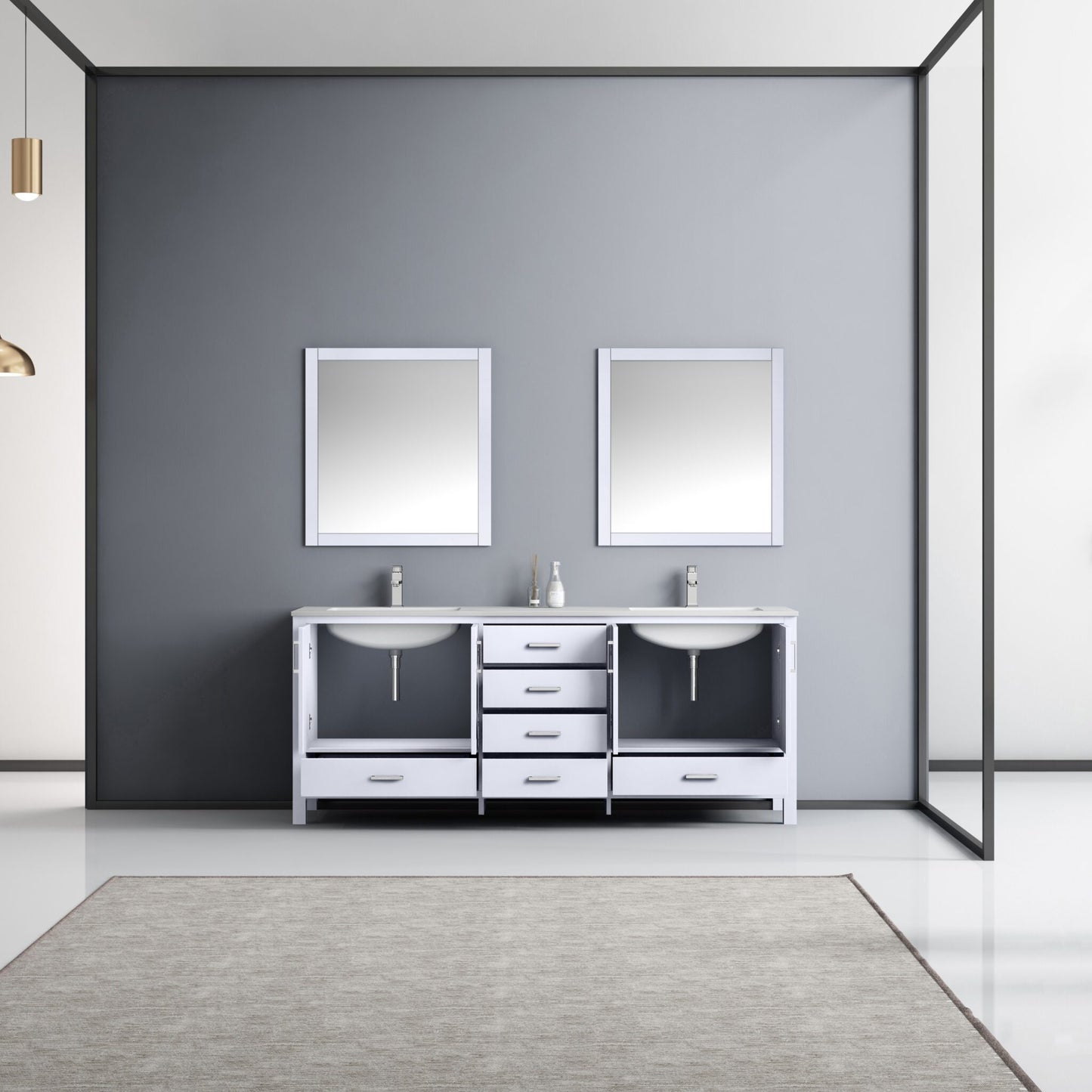 Jacques 80" White Double Vanity, White Quartz Top, White Square Sinks and 30" Mirrors