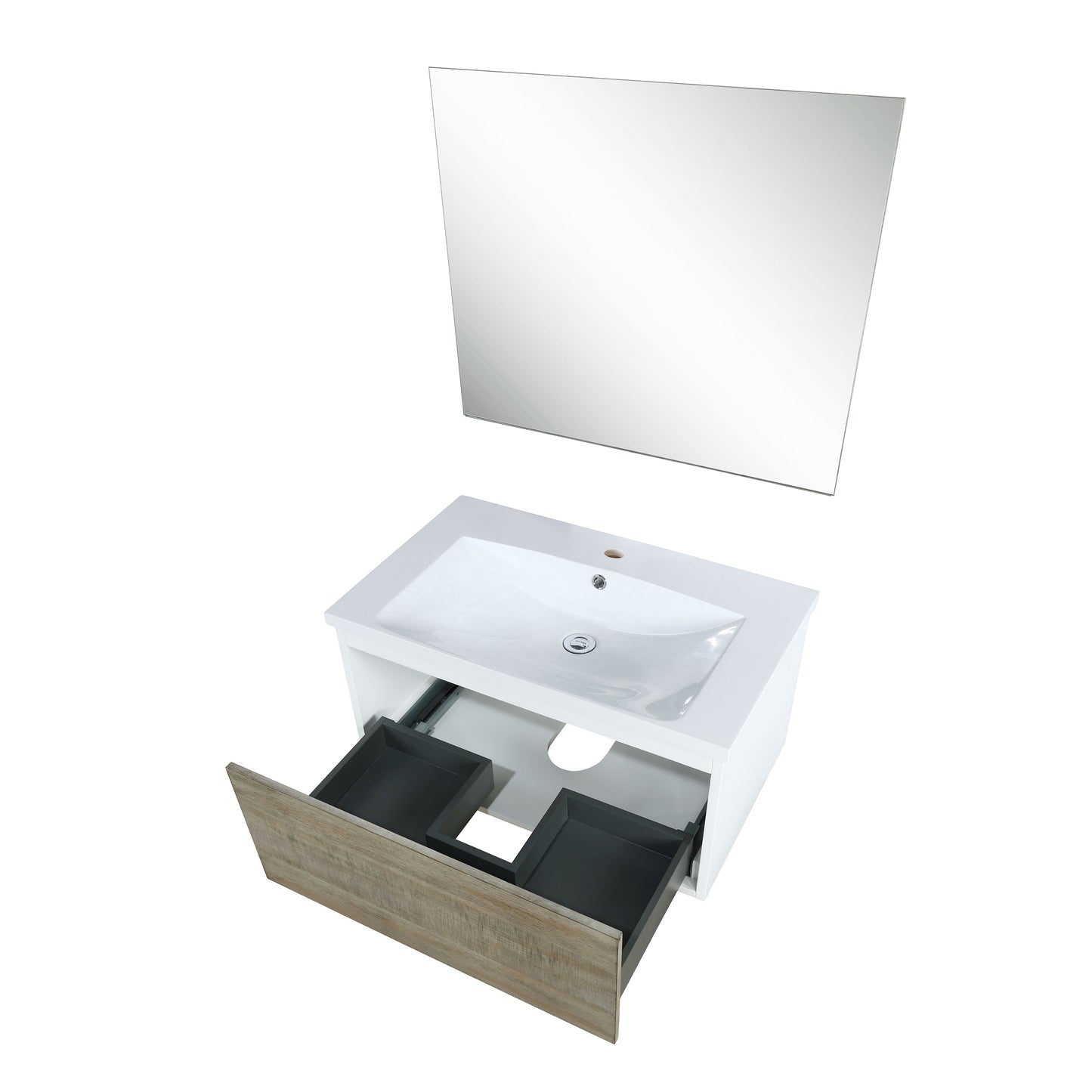 Scopi 30" Rustic Acacia Bathroom Vanity, Acrylic Composite Top with Integrated Sink, and 28" Frameless Mirror