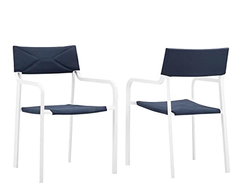 Modway Raleigh Stackable Patio Dining Armchair in White and Navy (Set of 2)