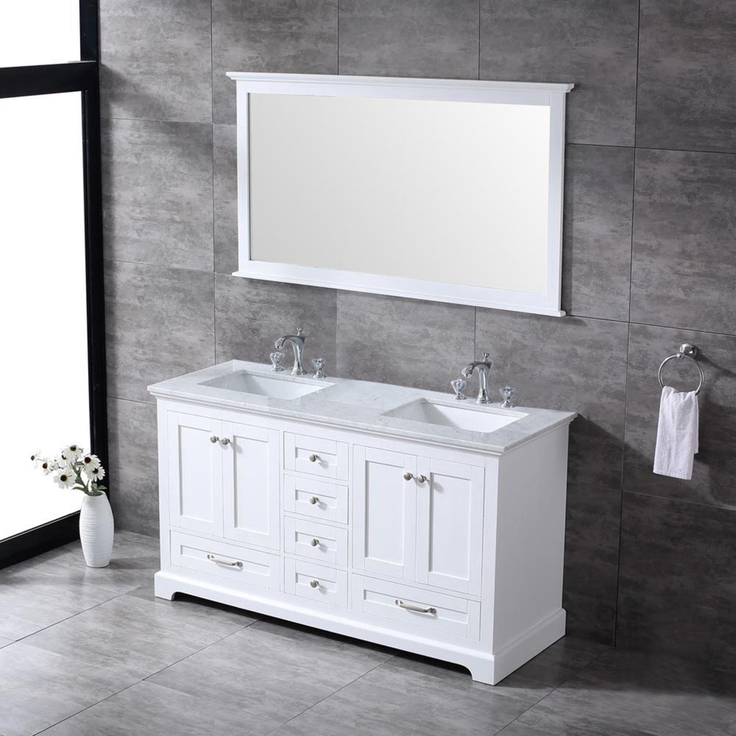 Dukes 60" White Double Vanity, White Carrara Marble Top, White Square Sinks and 58" Mirror w/ Faucets