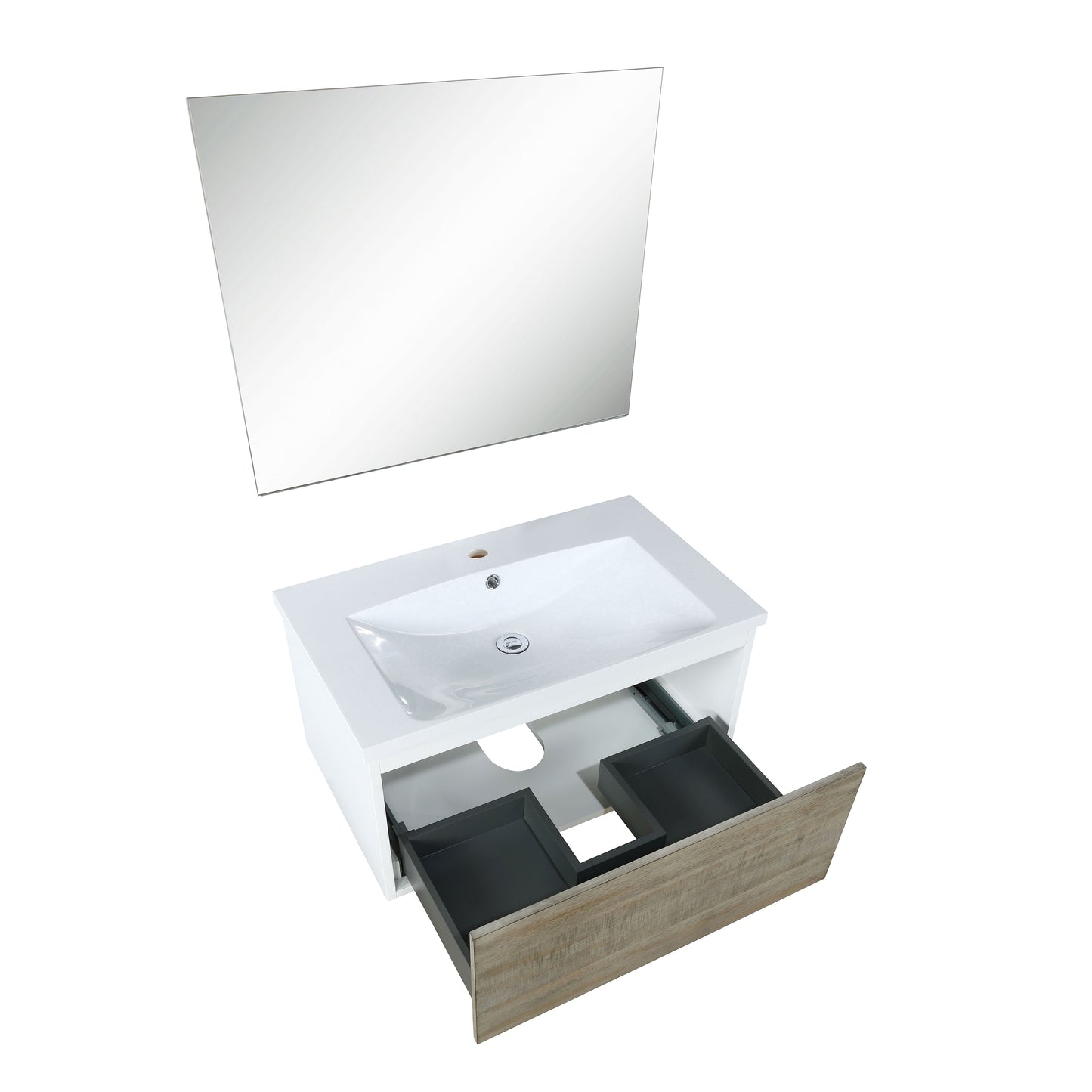 Scopi 30" Rustic Acacia Bathroom Vanity, Acrylic Composite Top with Integrated Sink, and 28" Frameless Mirror