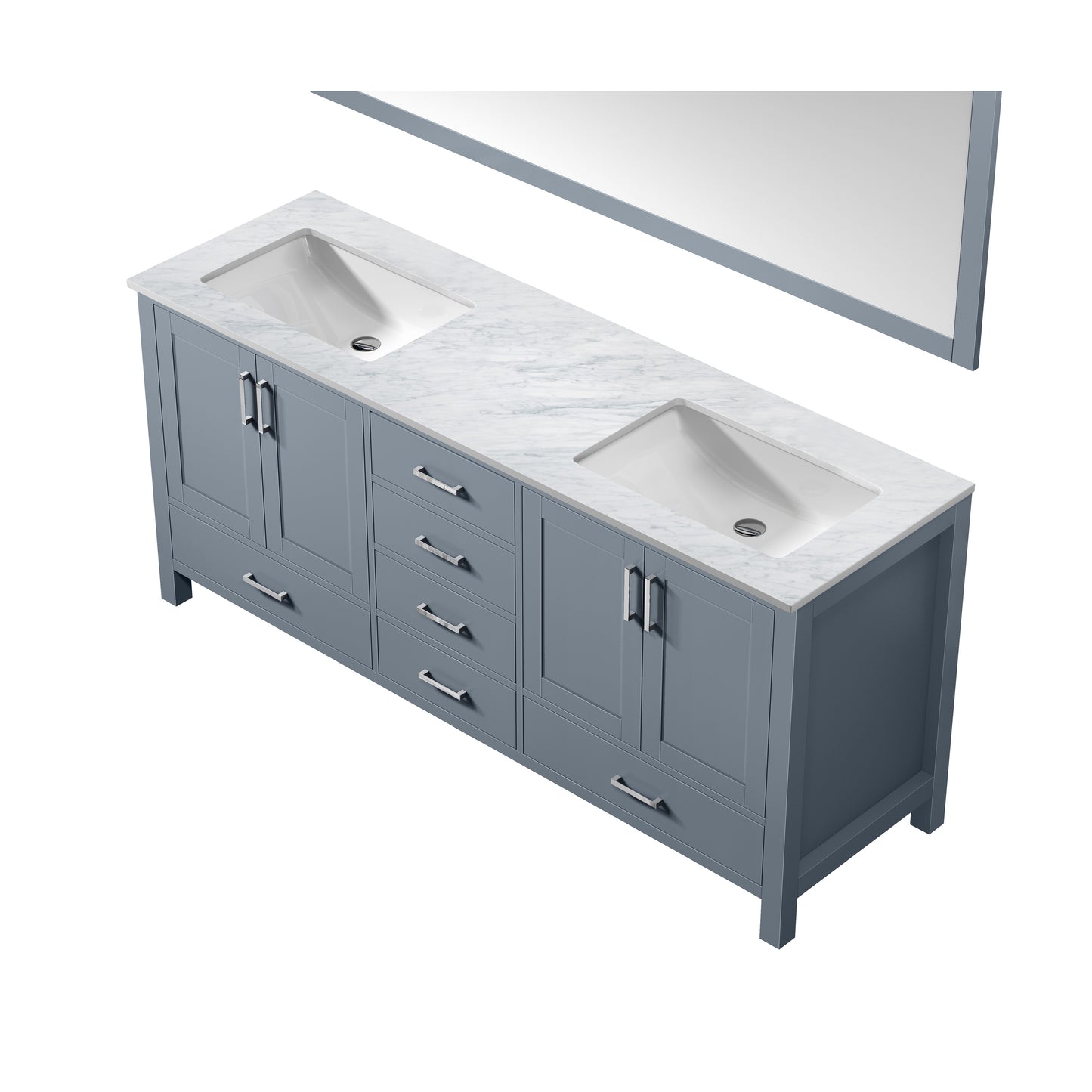 Jacques 72" Dark Grey Double Vanity, White Carrara Marble Top, White Square Sinks and 70" Mirror