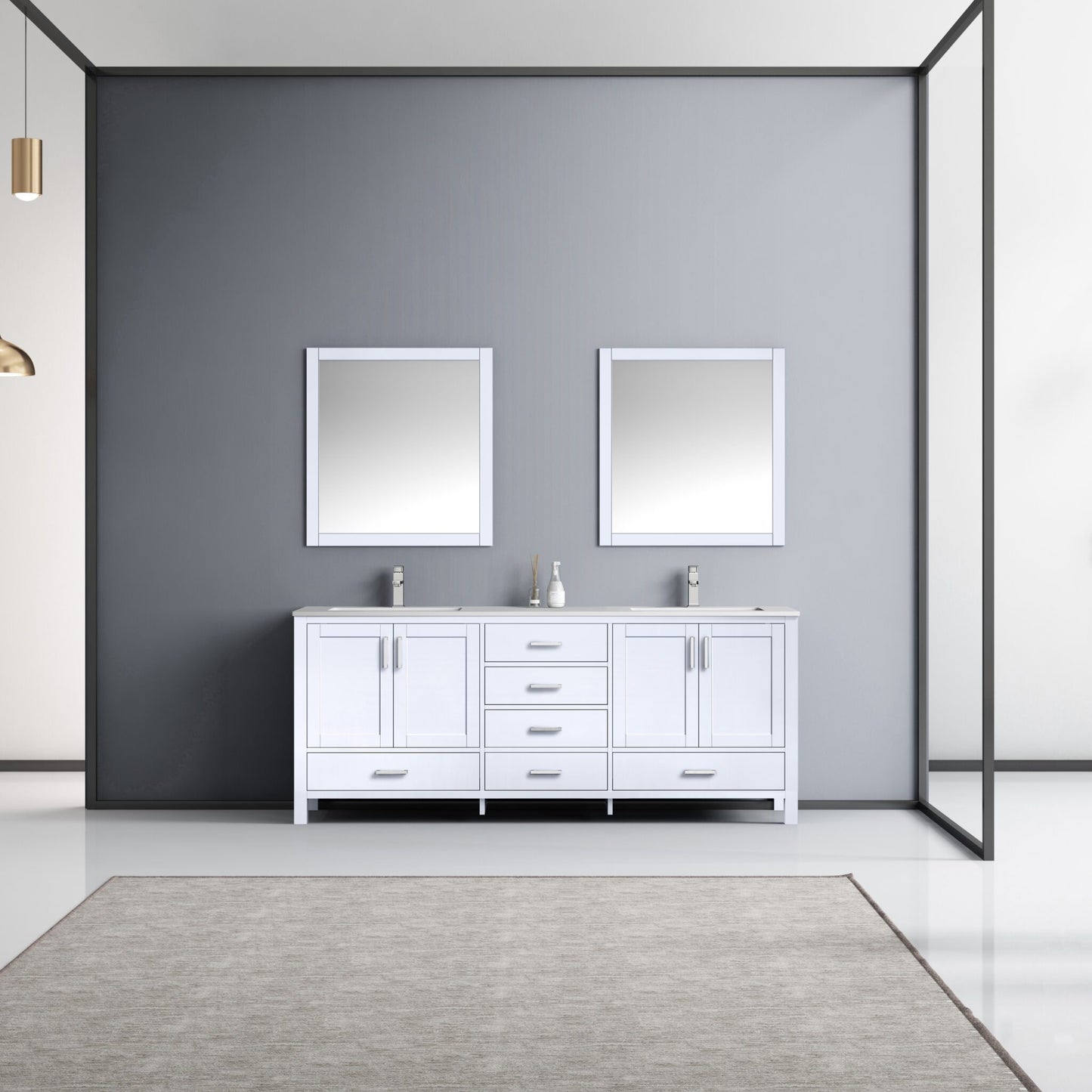 Jacques 80" White Double Vanity, White Quartz Top, White Square Sinks and 30" Mirrors