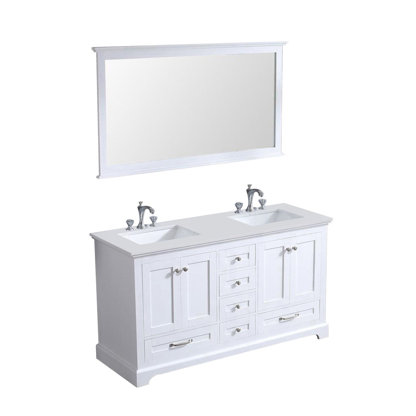 Dukes 60" White Double Vanity, White Quartz Top, White Square Sinks and 58" Mirror w/ Faucets