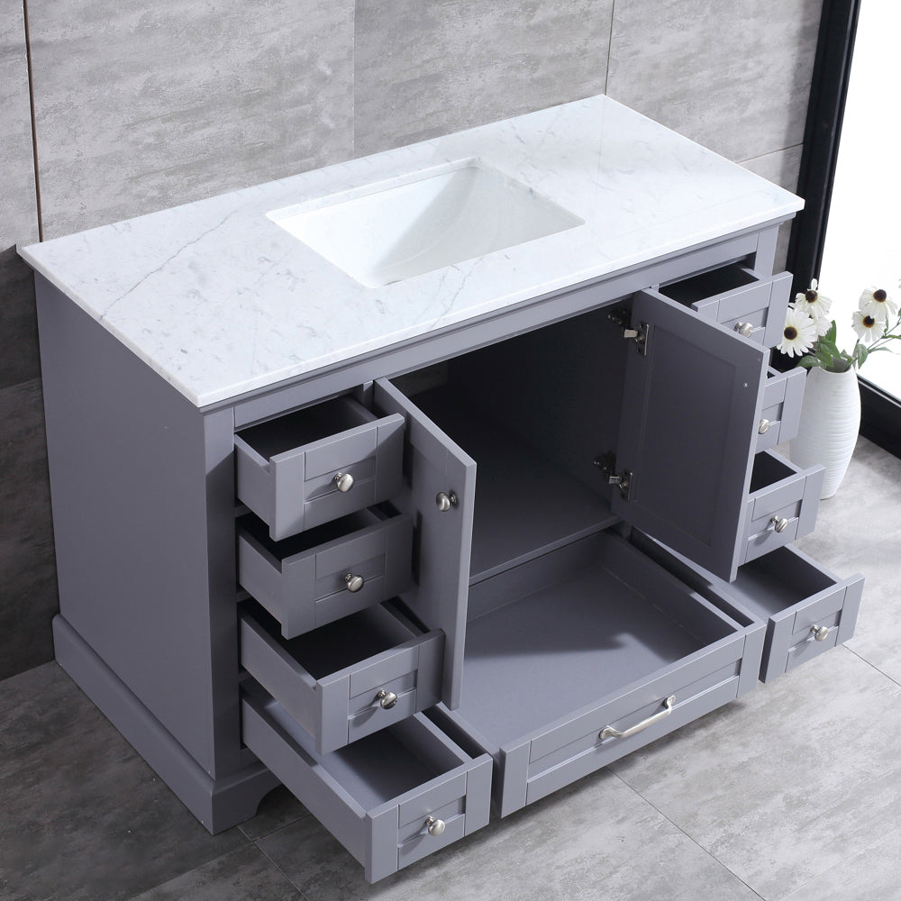 Dukes 48" Dark Grey Single Vanity, White Carrara Marble Top, White Square Sink and no Mirror