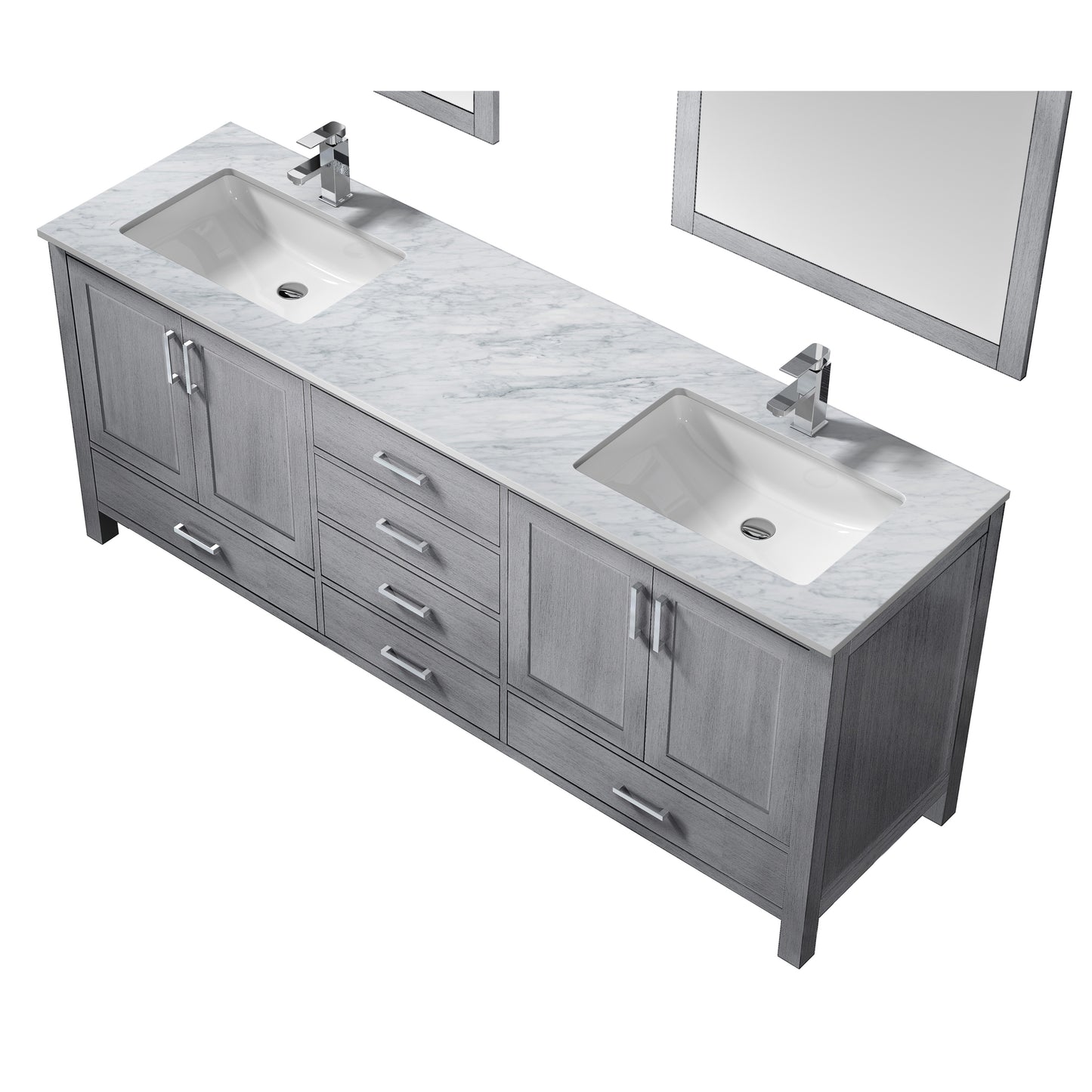 Jacques 80" Distressed Grey Double Vanity, White Carrara Marble Top, White Square Sinks and 30" Mirrors w/ Faucets