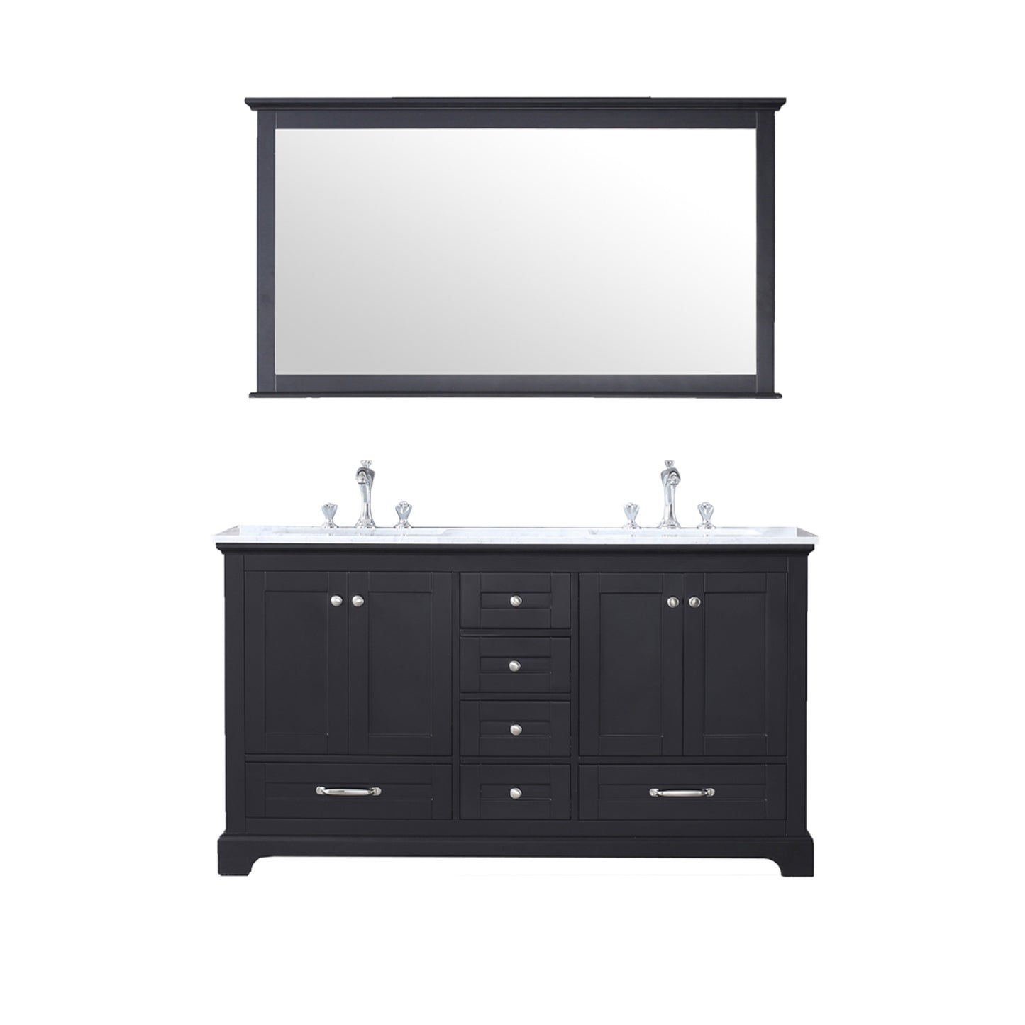 Dukes 60" Espresso Double Vanity, White Carrara Marble Top, White Square Sinks and 58" Mirror w/ Faucets