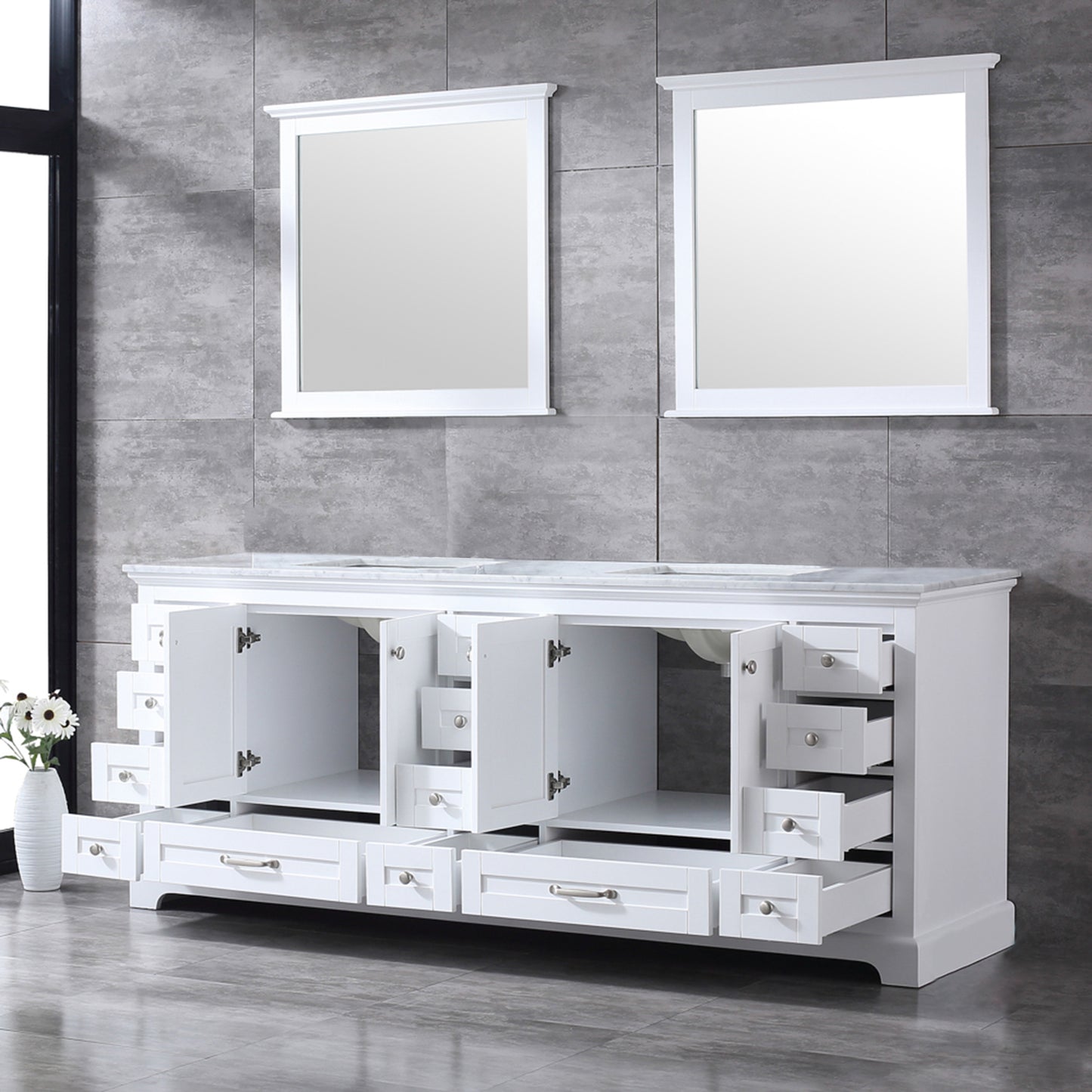 Dukes 84" White Double Vanity, White Carrara Marble Top, White Square Sinks and 34" Mirrors