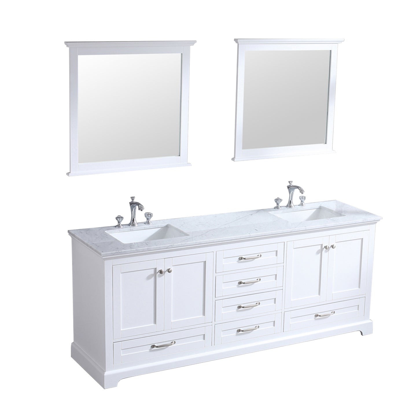 Dukes 80" White Double Vanity, White Carrara Marble Top, White Square Sinks and 30" Mirrors w/ Faucets