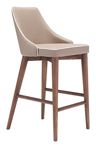 Zuo Modern 100279 Moor Counter Chair, Beige with White Trim, Slim Wing Back Style Back and Plush Seat, Contrasting Accent Trim Detail, Sturdy all Wood Base in Warm Walnut Finish