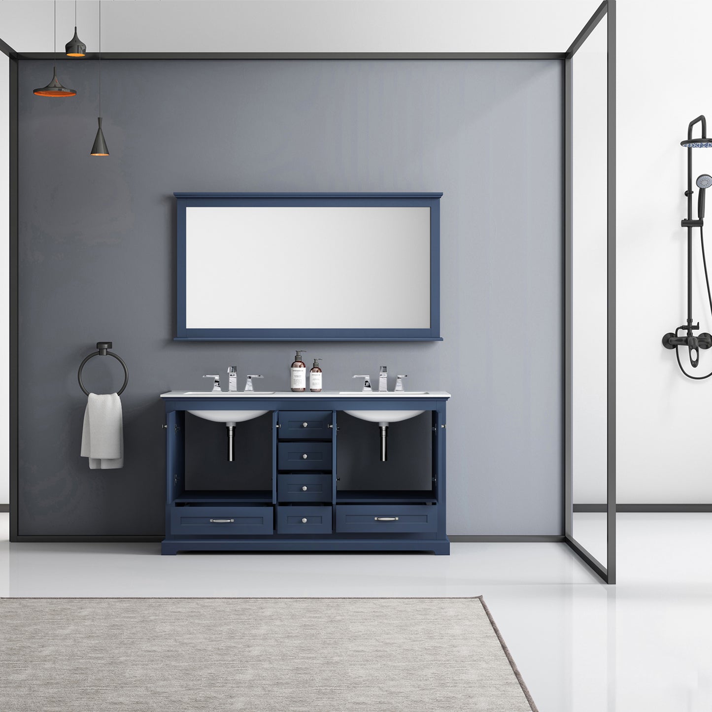 Dukes 60" Navy Blue Double Vanity, White Carrara Marble Top, White Square Sinks and 58" Mirror w/ Faucets