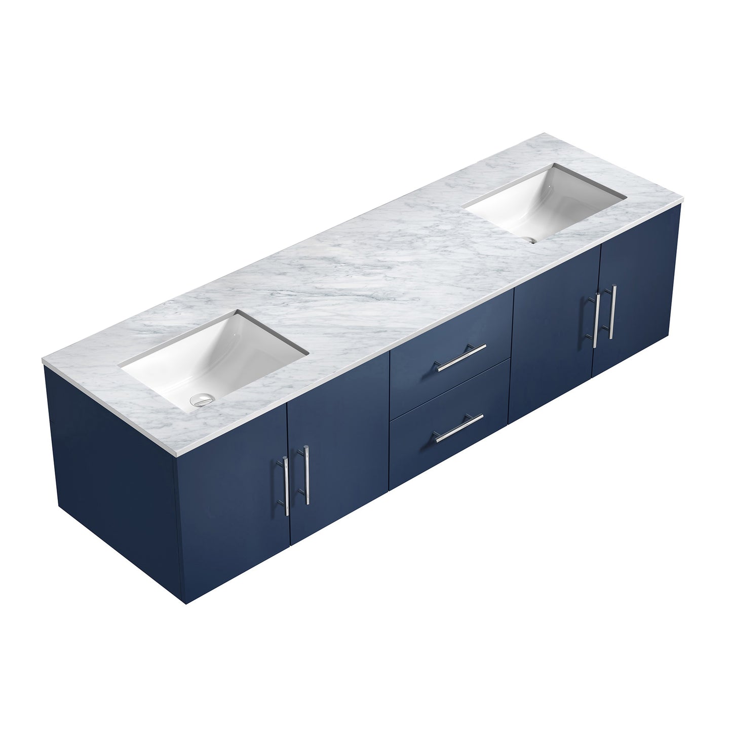 Geneva 72" Navy Blue Double Vanity, White Carrara Marble Top, White Square Sinks and no Mirror