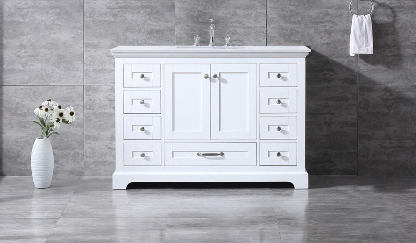 Dukes 48" White Single Vanity, White Quartz Top, White Square Sink and no Mirror