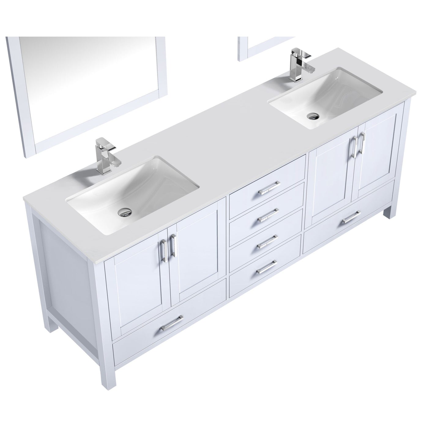 Jacques 80" White Double Vanity, White Quartz Top, White Square Sinks and 30" Mirrors