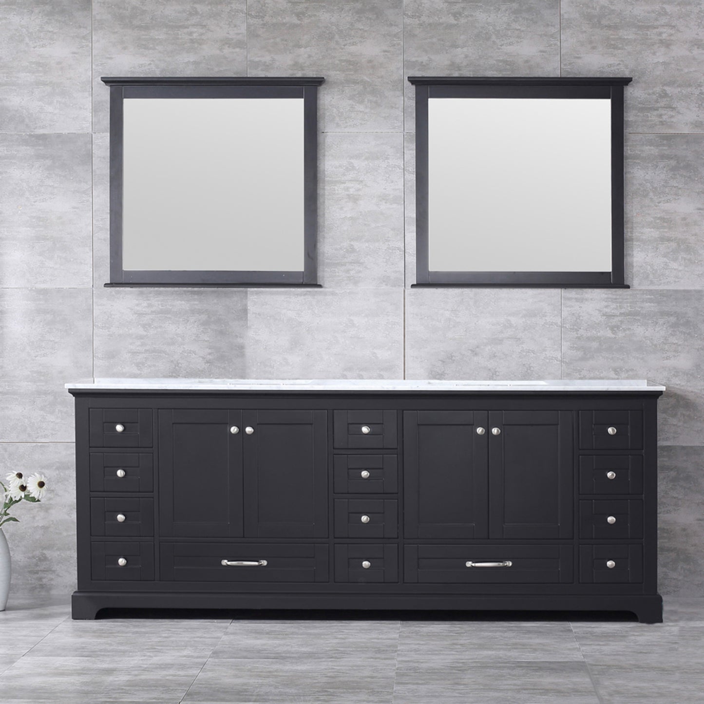 Dukes 84" Espresso Double Vanity, White Carrara Marble Top, White Square Sinks and 34" Mirrors