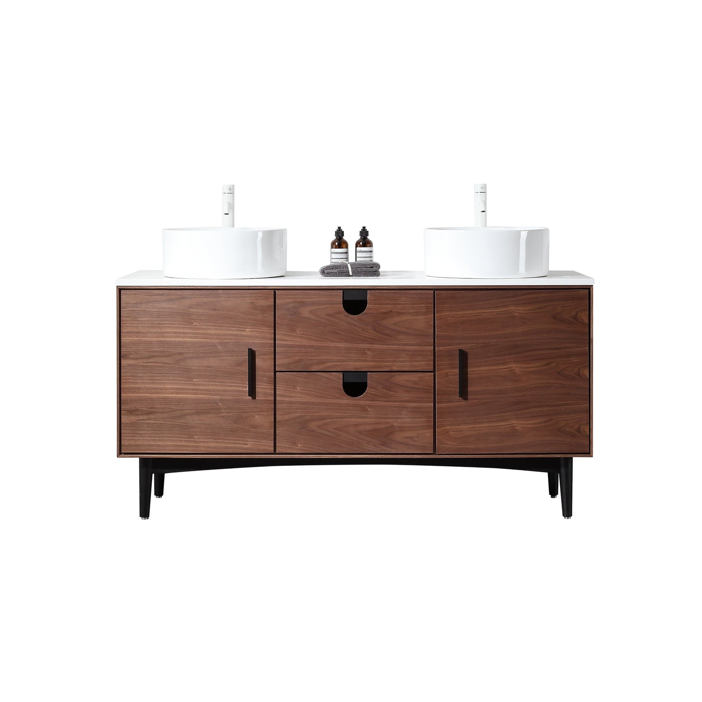 PORTREE 60” WALNUT MID-CENTURY FREESTANDING BATHROOM VANITY