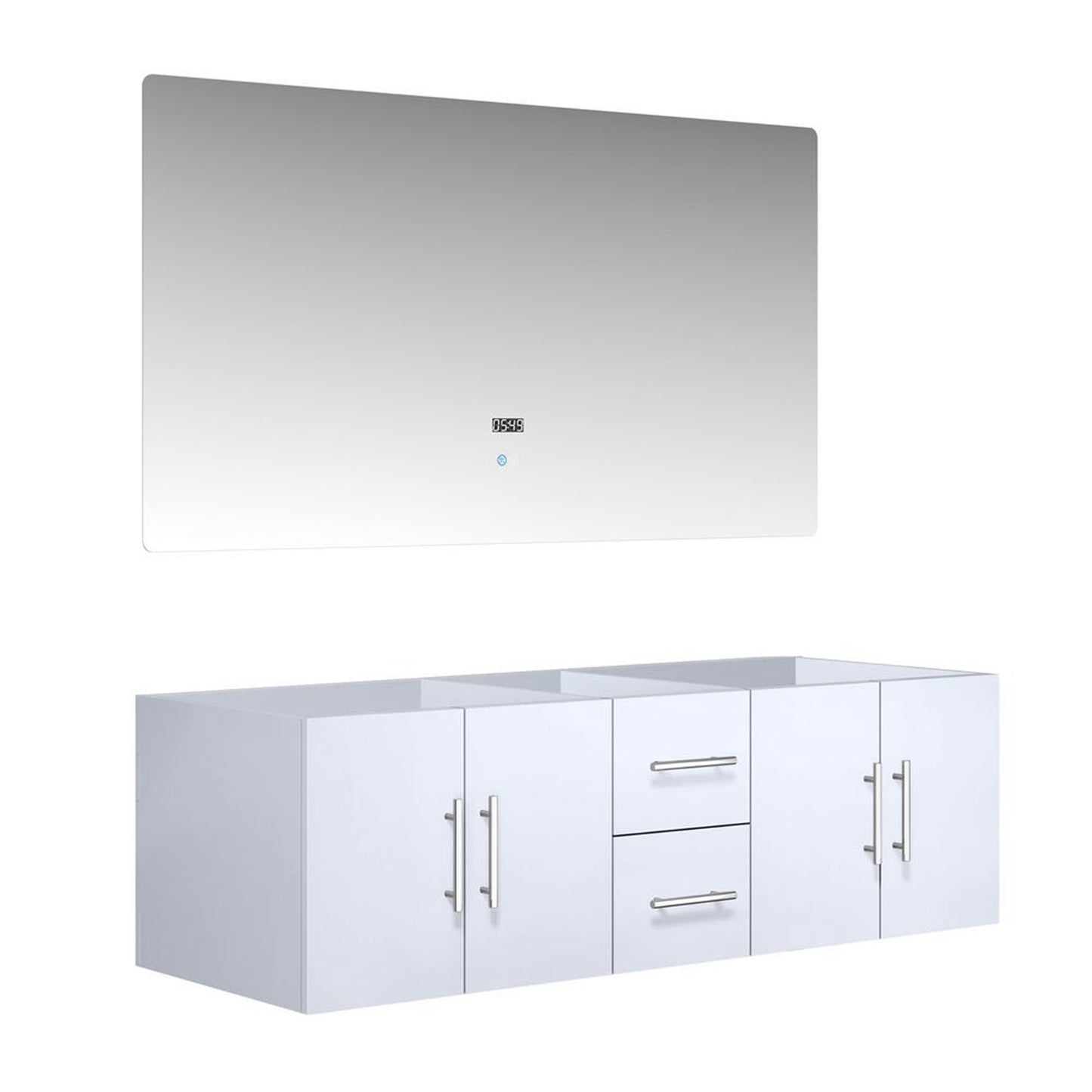 Geneva 60" Glossy White Double Vanity, no Top and 60" LED Mirror