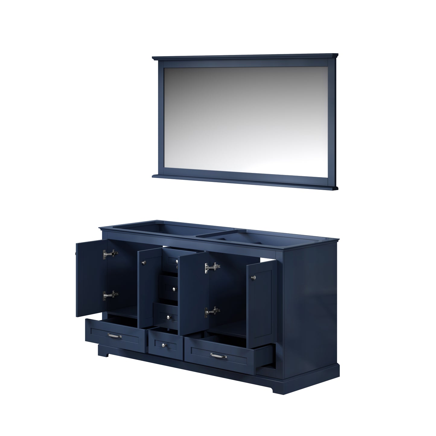 Dukes 60" Navy Blue Double Vanity, no Top and 58" Mirror