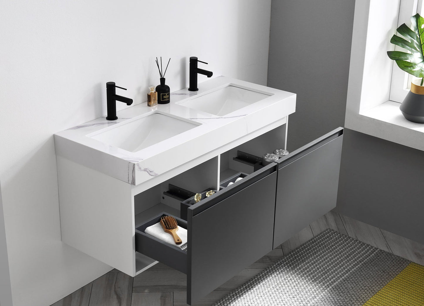 MANAROLA 48” DARK GRAY WITH THICK QUARTZ WALL MOUNT MODERN BATHROOM VANITY