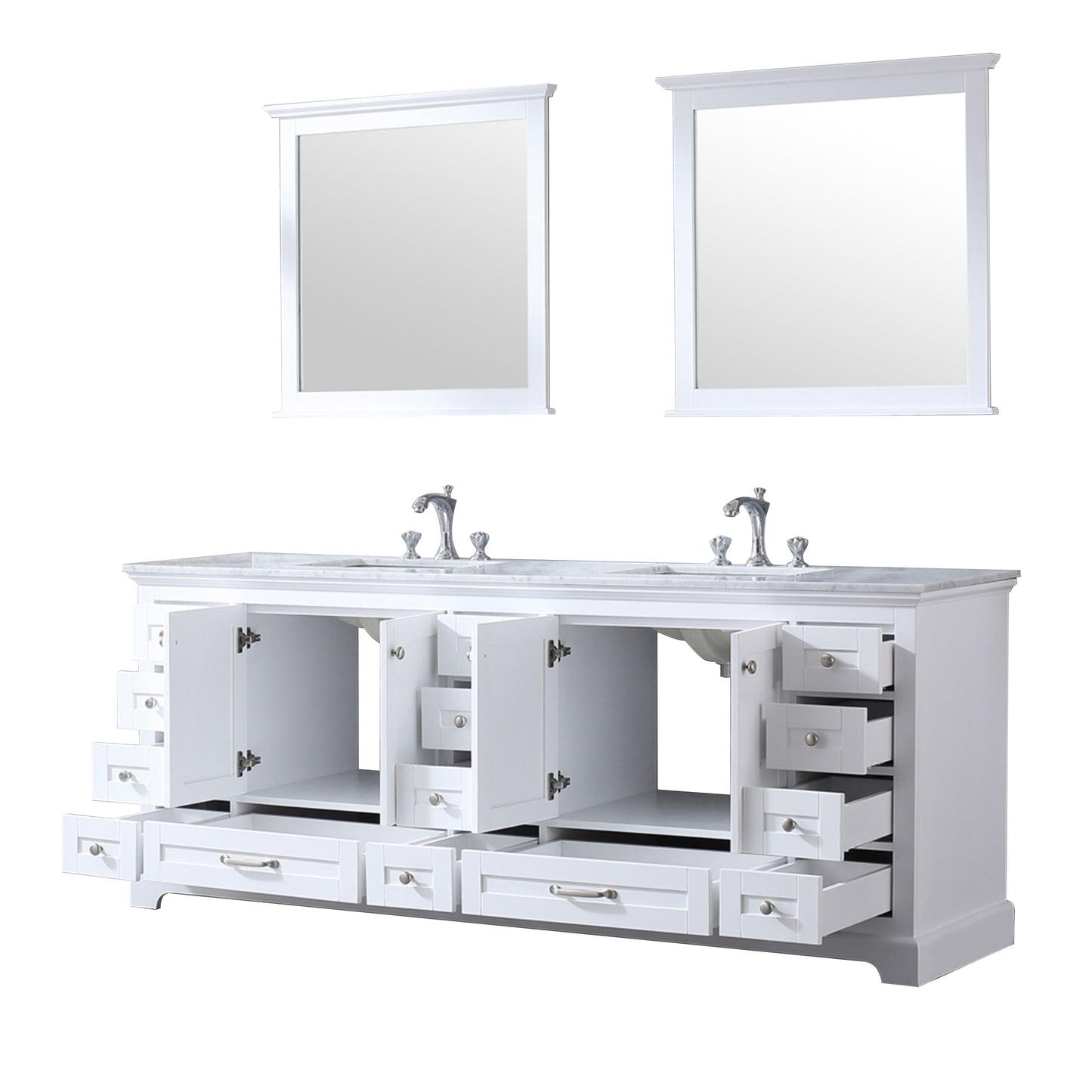 Dukes 84" White Double Vanity, White Carrara Marble Top, White Square Sinks and 34" Mirrors w/ Faucets