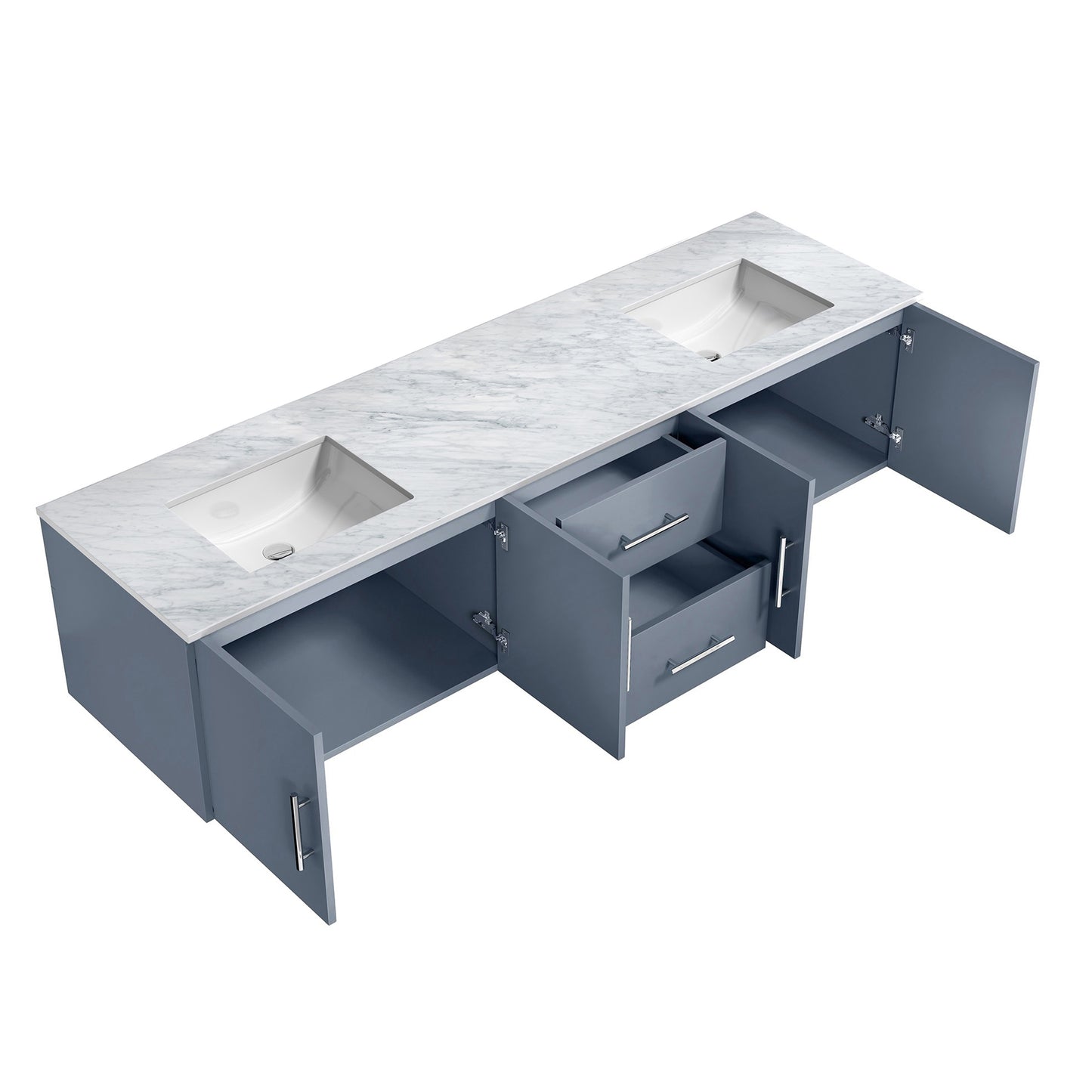 Geneva 80" Dark Grey Double Vanity, White Carrara Marble Top, White Square Sinks and no Mirror