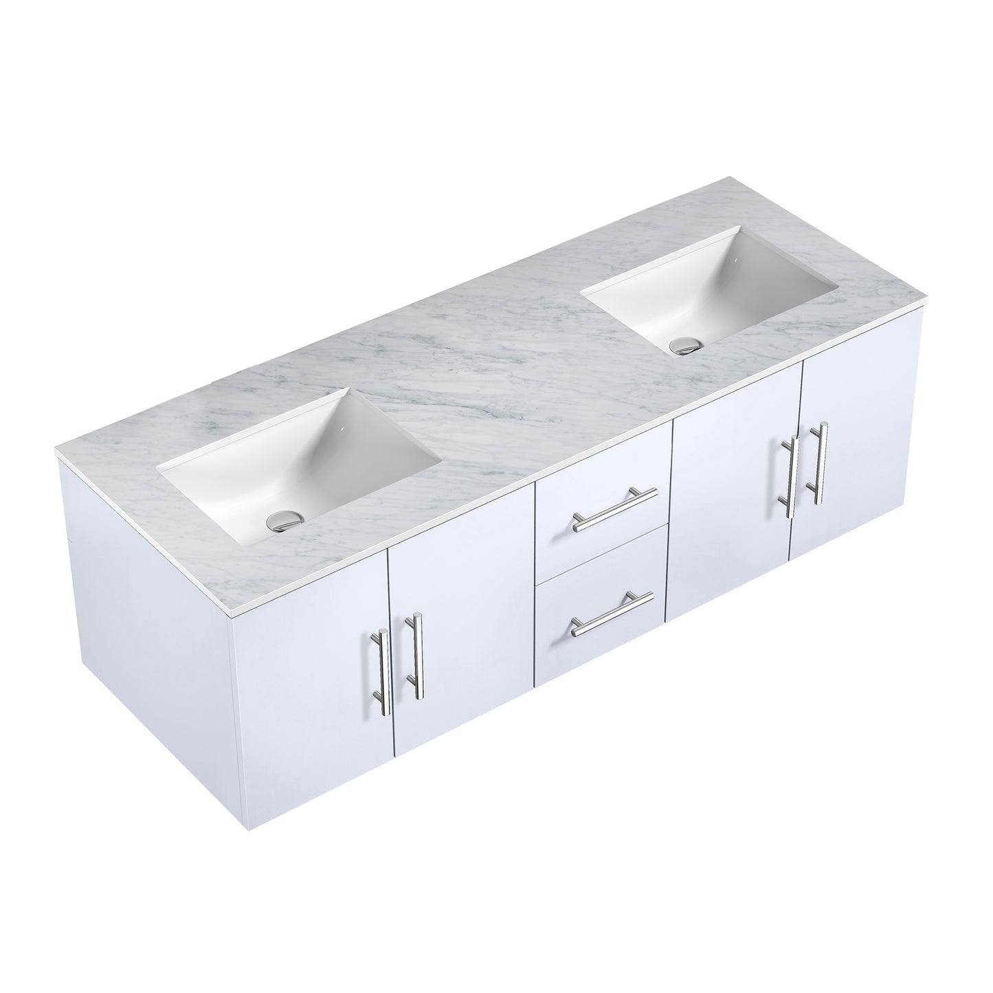 Geneva 60" Glossy White Double Vanity, White Carrara Marble Top, White Square Sinks and no Mirror