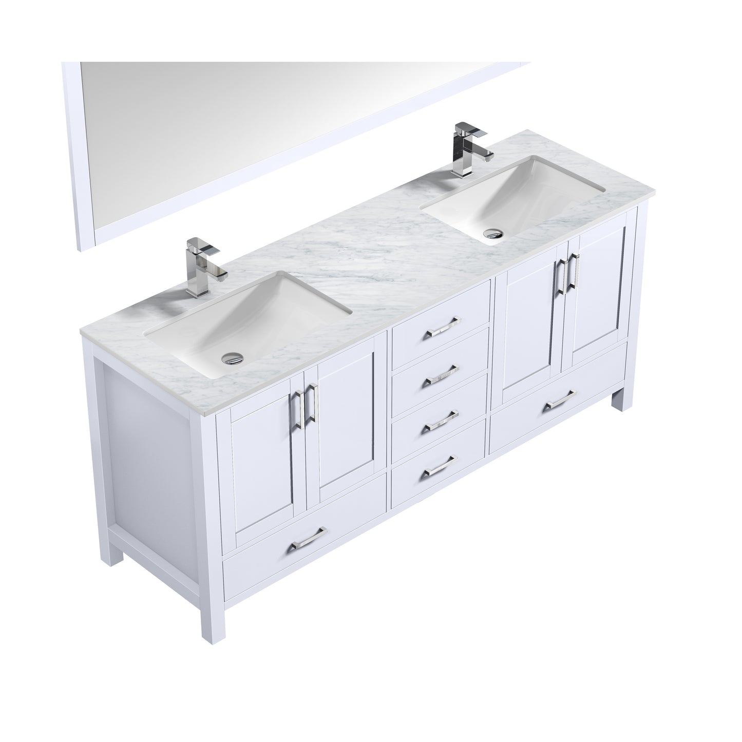 Jacques 72" White Double Vanity, White Carrara Marble Top, White Square Sinks and 70" Mirror w/ Faucets