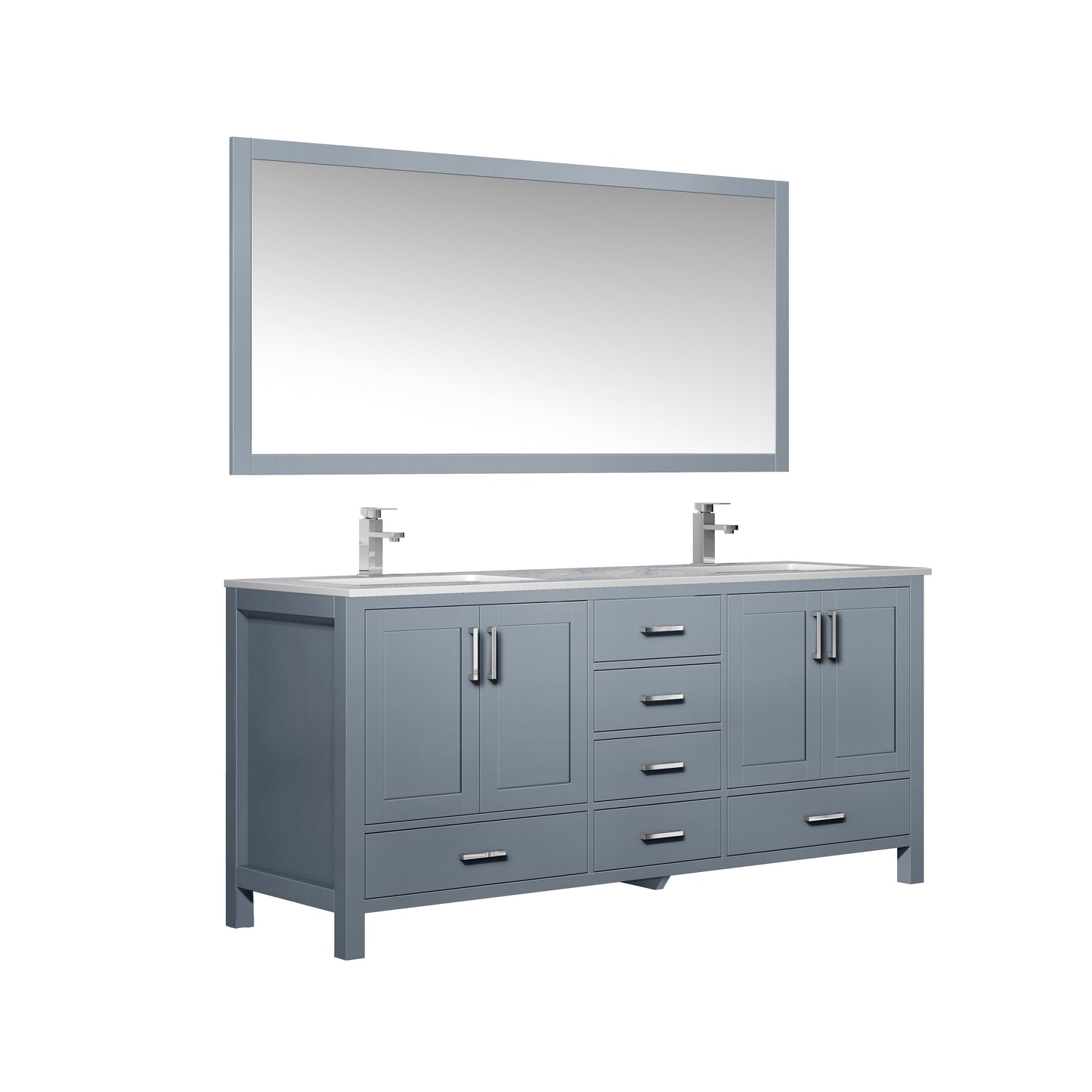 Jacques 72" Dark Grey Double Vanity, White Carrara Marble Top, White Square Sinks and 70" Mirror w/ Faucets