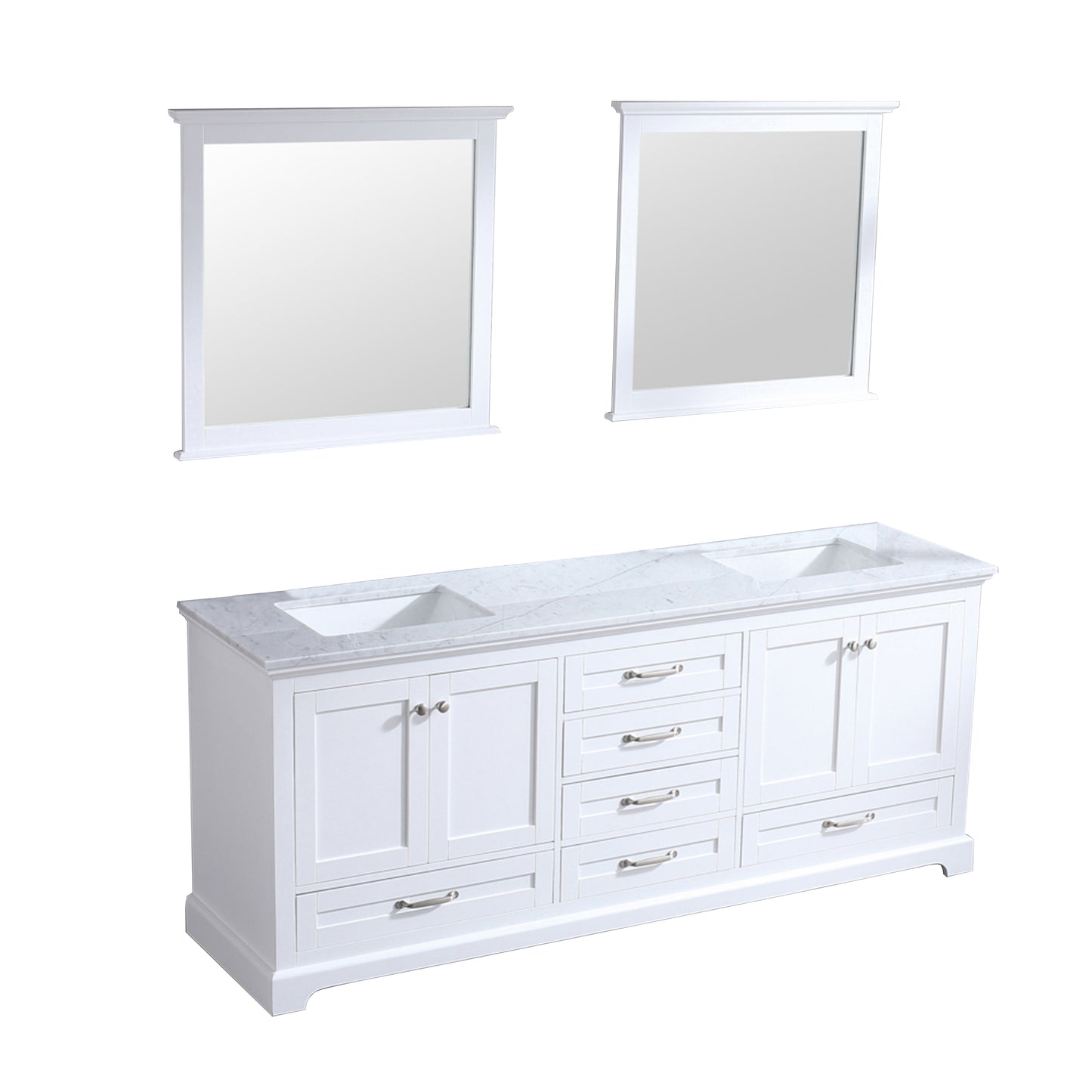 Dukes 80" White Double Vanity, White Carrara Marble Top, White Square Sinks and 30" Mirrors