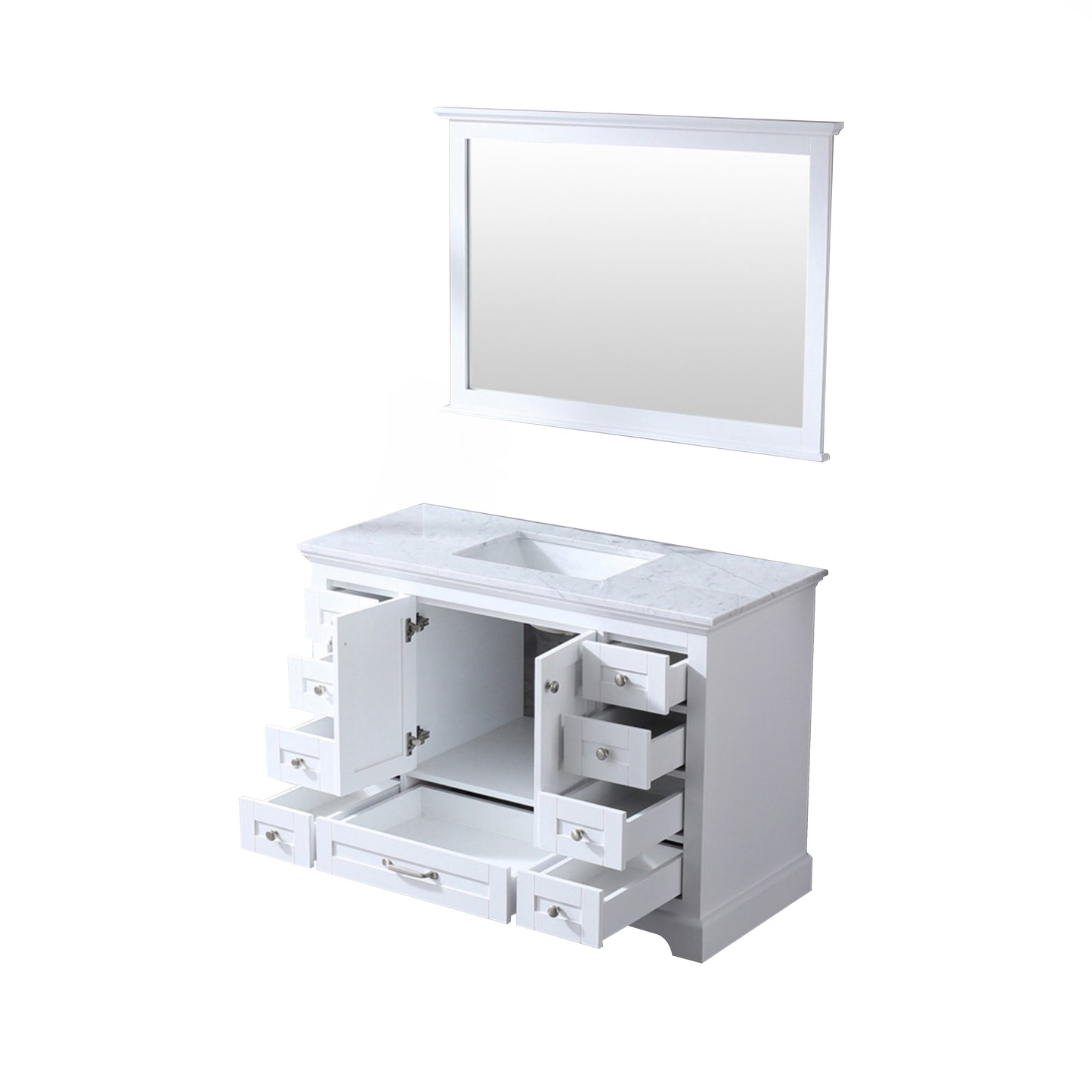 Dukes 48" White Single Vanity, White Carrara Marble Top, White Square Sink and 46" Mirror