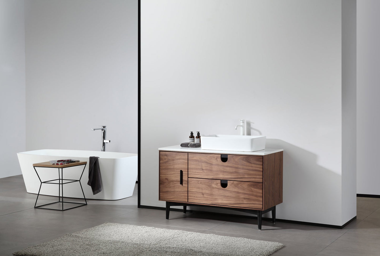 PORTREE 48” WALNUT MID-CENTURY FREESTANDING BATHROOM VANITY