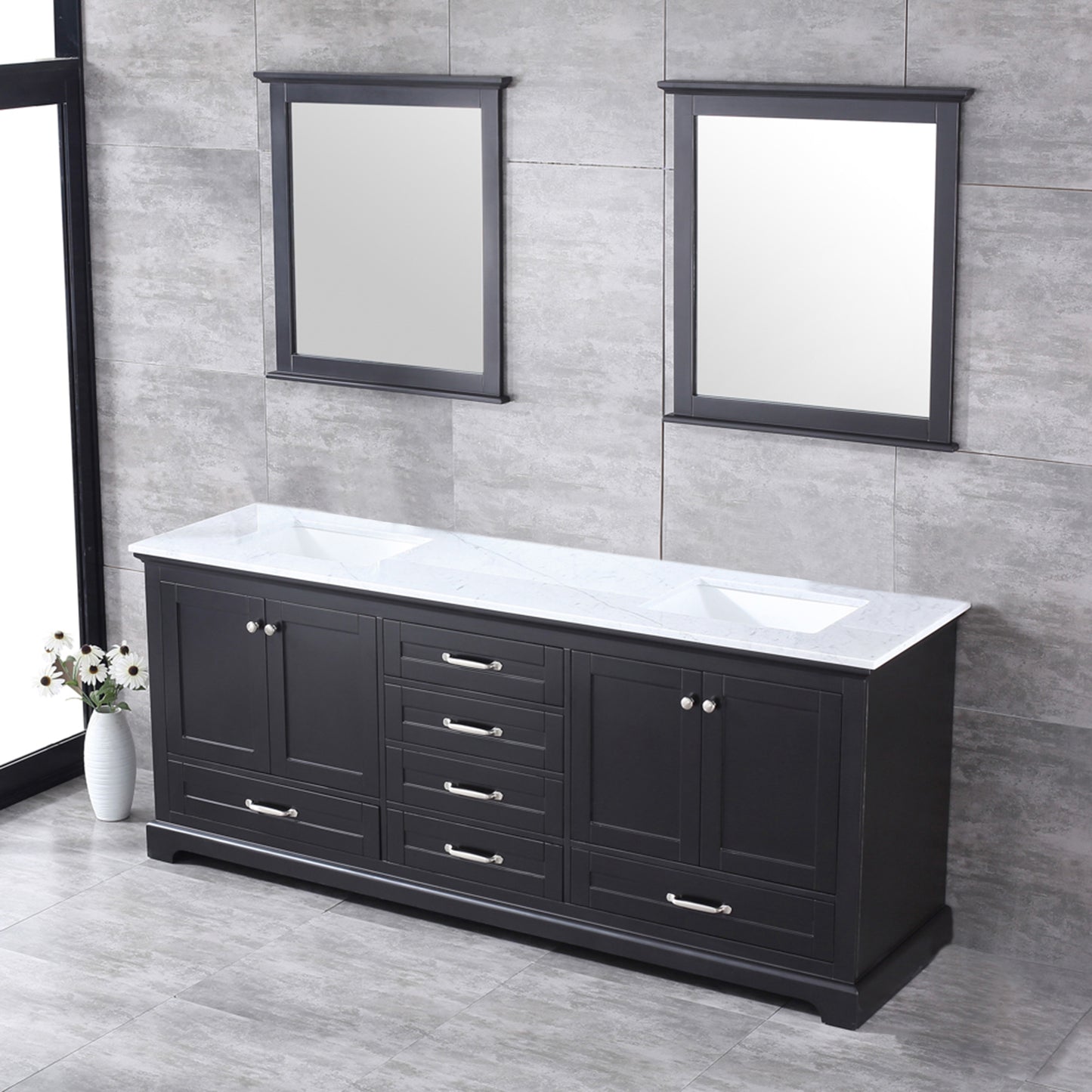 Dukes 80" Espresso Double Vanity, White Carrara Marble Top, White Square Sinks and 30" Mirrors