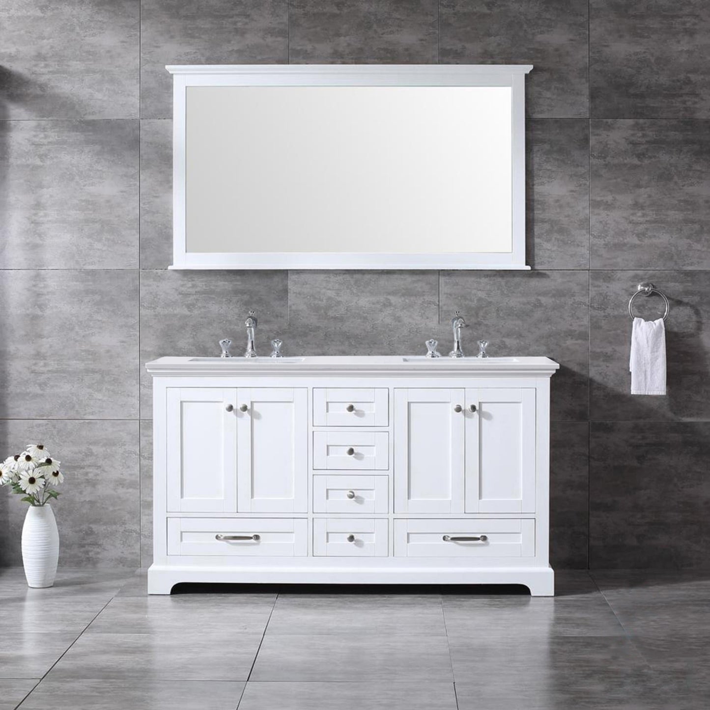 Dukes 60" White Double Vanity, White Quartz Top, White Square Sinks and 58" Mirror w/ Faucets