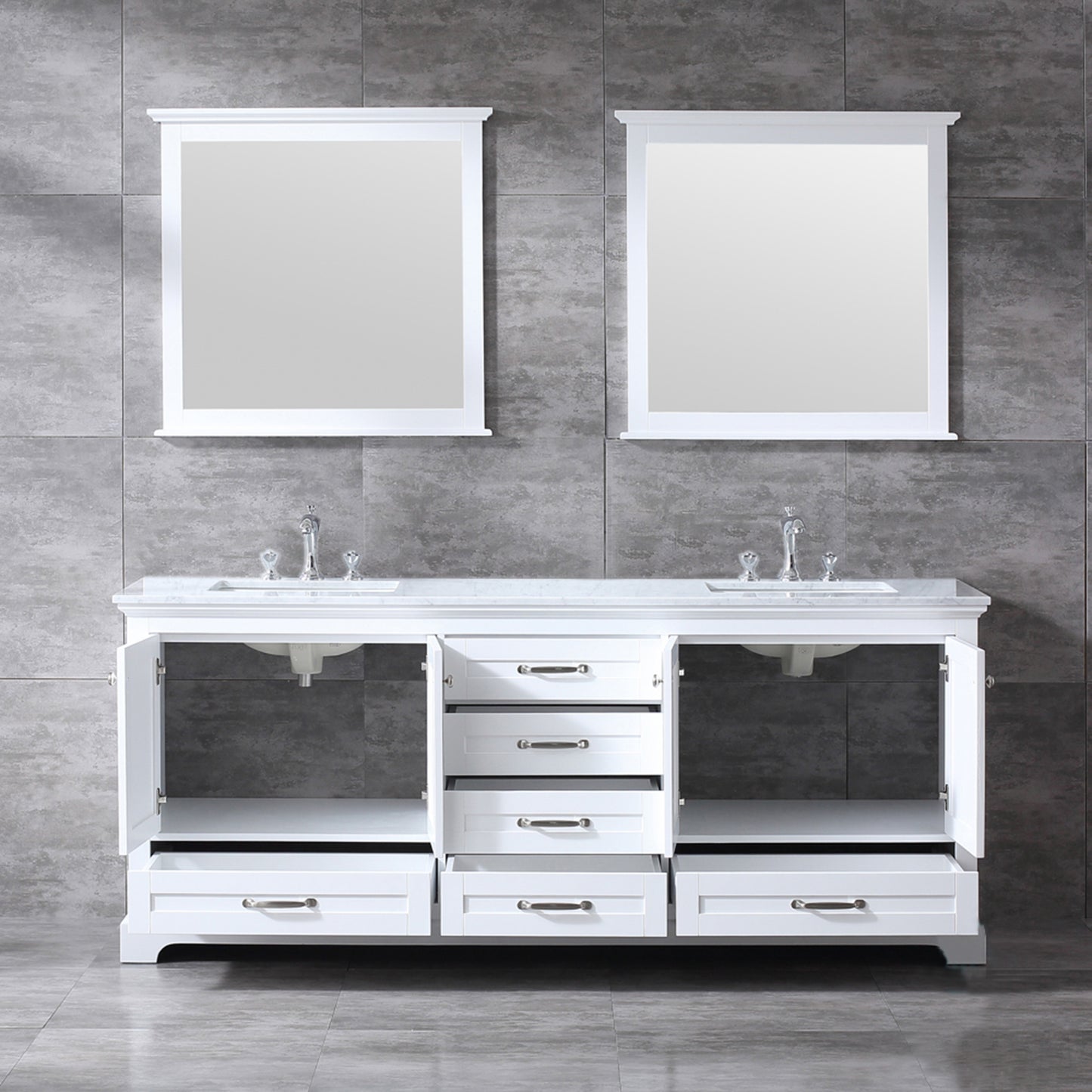 Dukes 80" White Double Vanity, White Carrara Marble Top, White Square Sinks and 30" Mirrors w/ Faucets