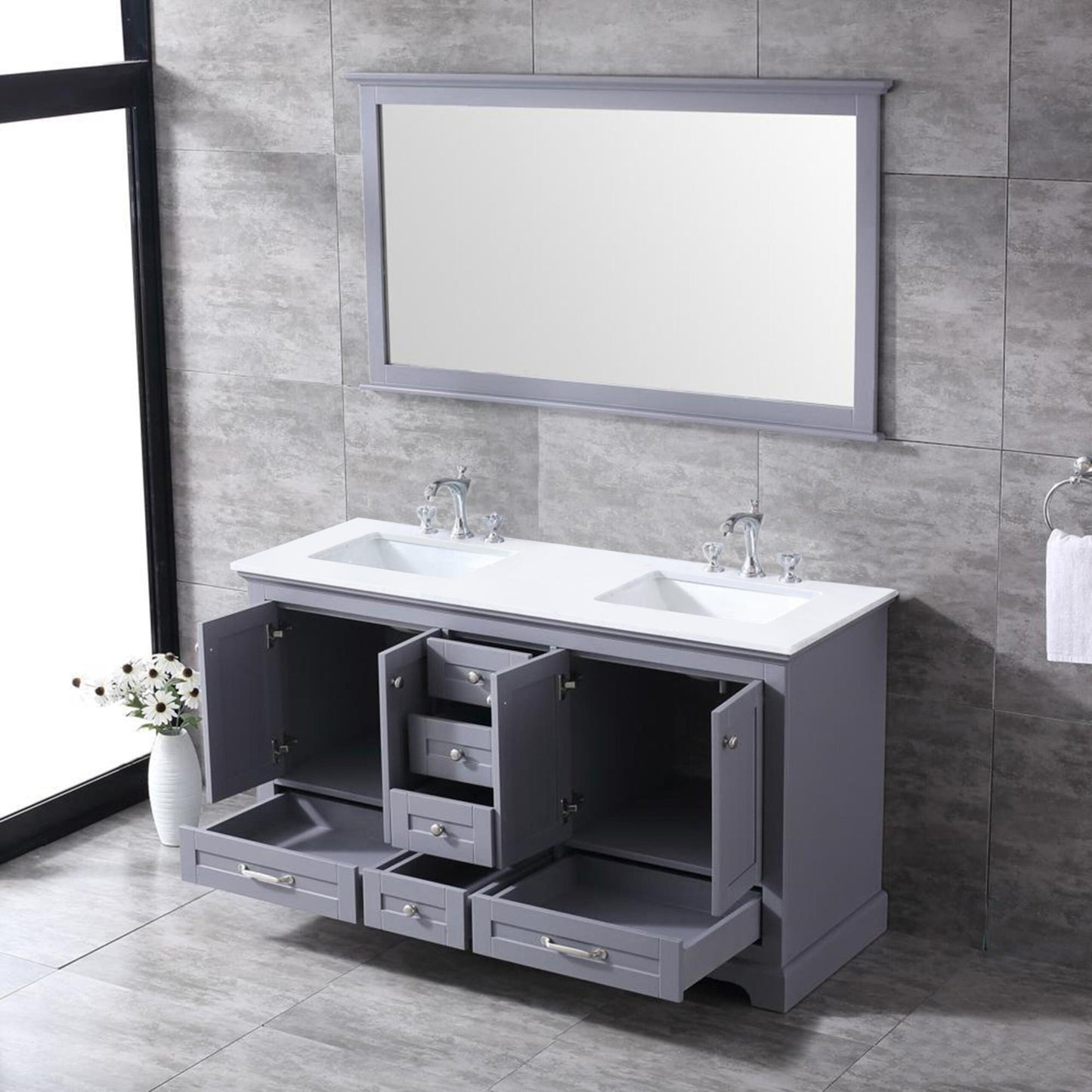 Dukes 60" Dark Grey Double Vanity, White Quartz Top, White Square Sinks and 58" Mirror