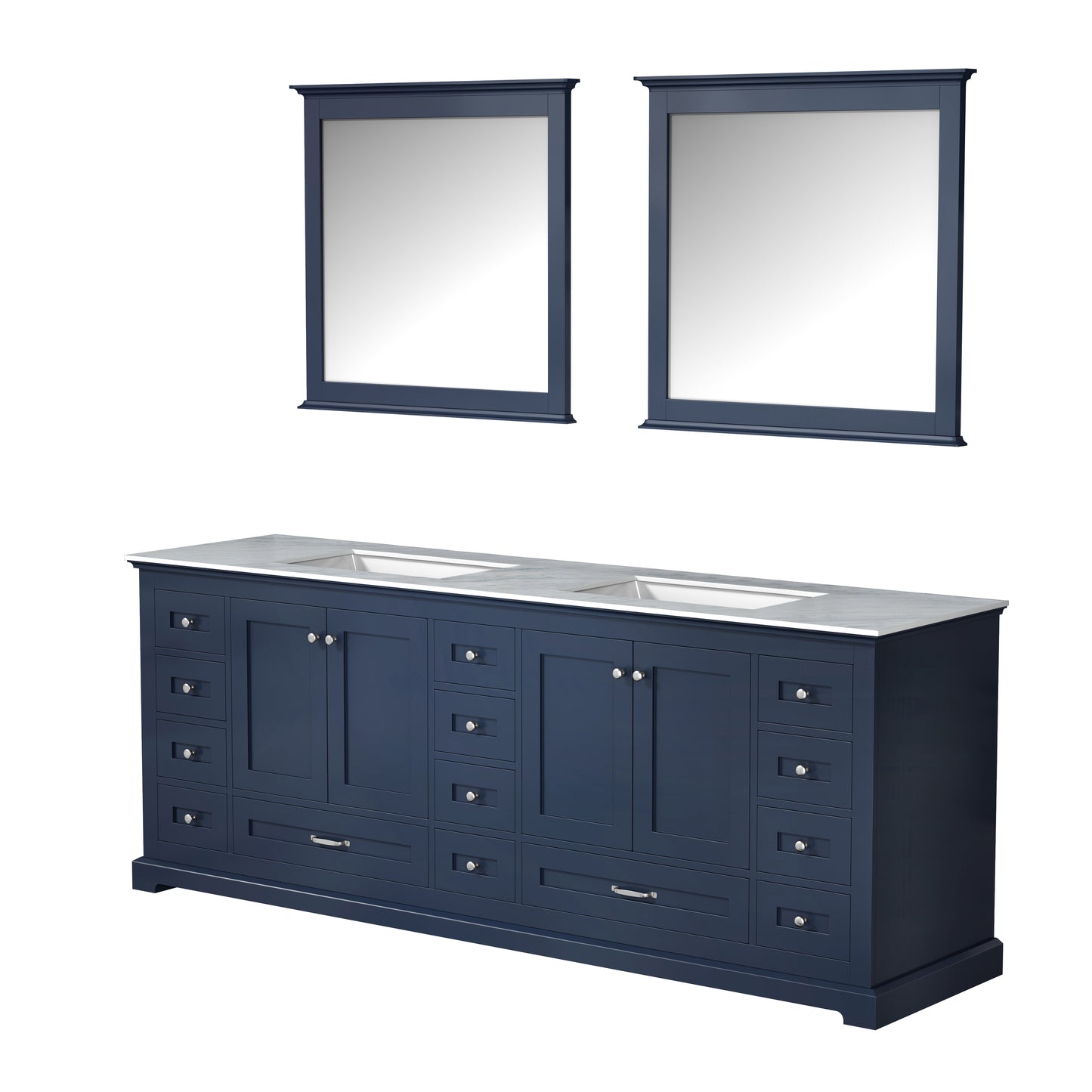 Dukes 84" Navy Blue Double Vanity, White Carrara Marble Top, White Square Sinks and 34" Mirrors