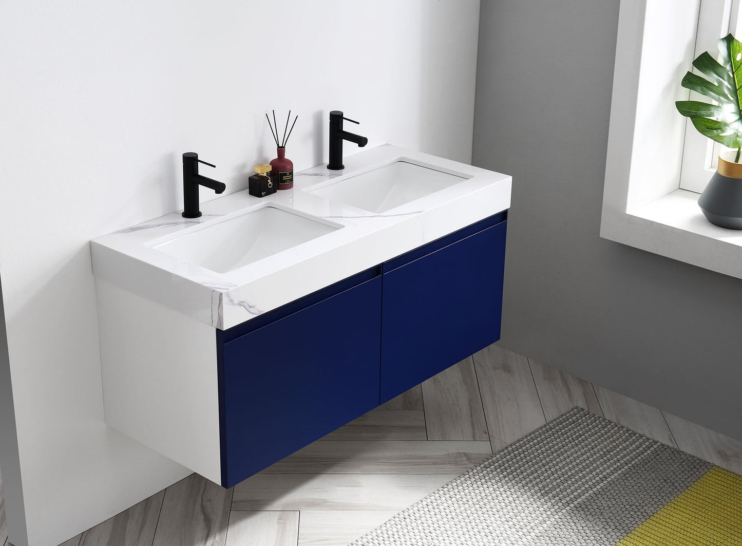 MANAROLA 48” NAVY BLUE WITH THICK QUARTZ WALL MOUNT MODERN BATHROOM VANITY